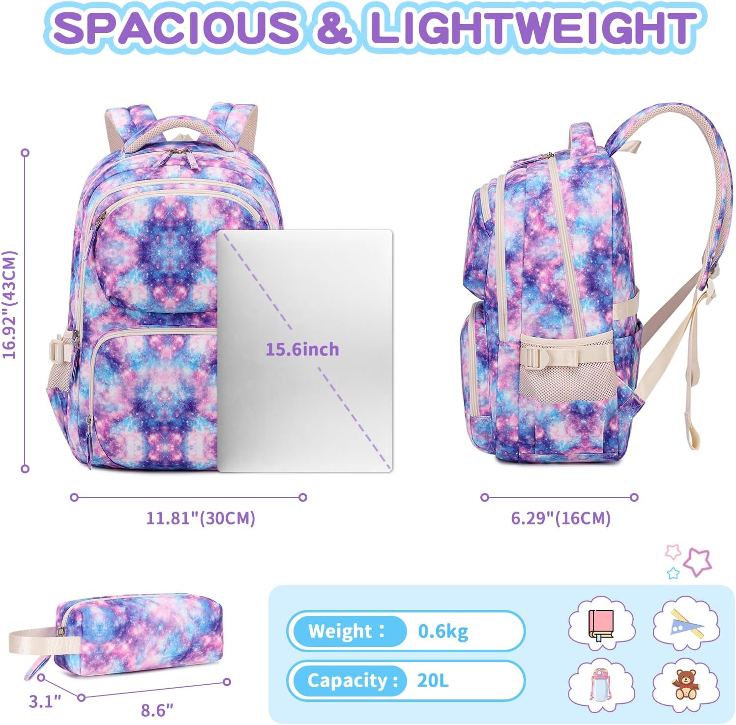 Backpack for Girls, Kids Backpacks with Pencil Case Set Girls Bookbag School Backpack for Elementary School, Age 6-12, Pink Purple Galaxy