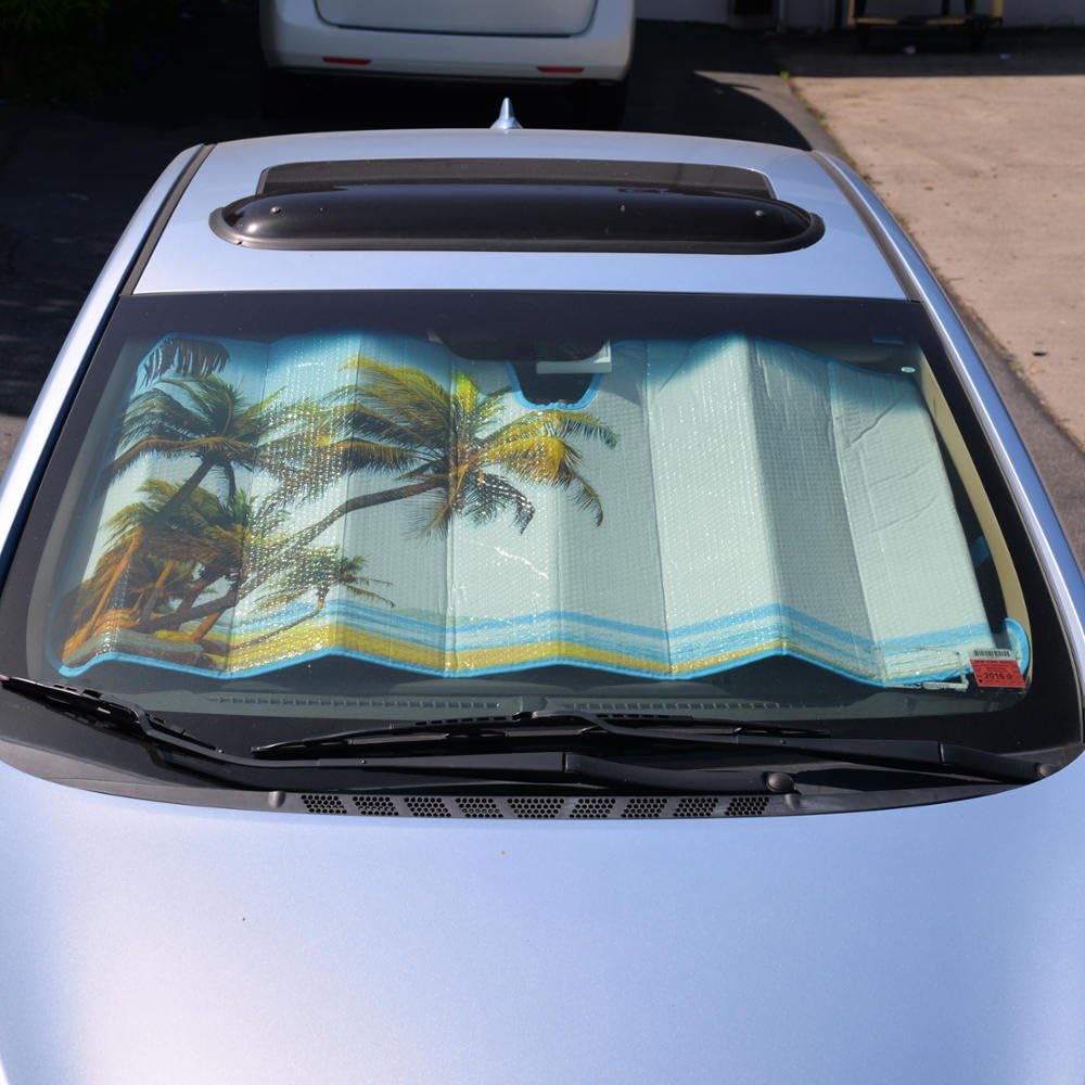 BDK Palm Tree Tropical Island Sunset Front Windshield Sun Shade - Accordion Folding Auto Sunshade for Car Truck SUV - Blocks UV Rays Sun Visor Protector - Keeps Your Vehicle Cool - 58 x 27 Inch