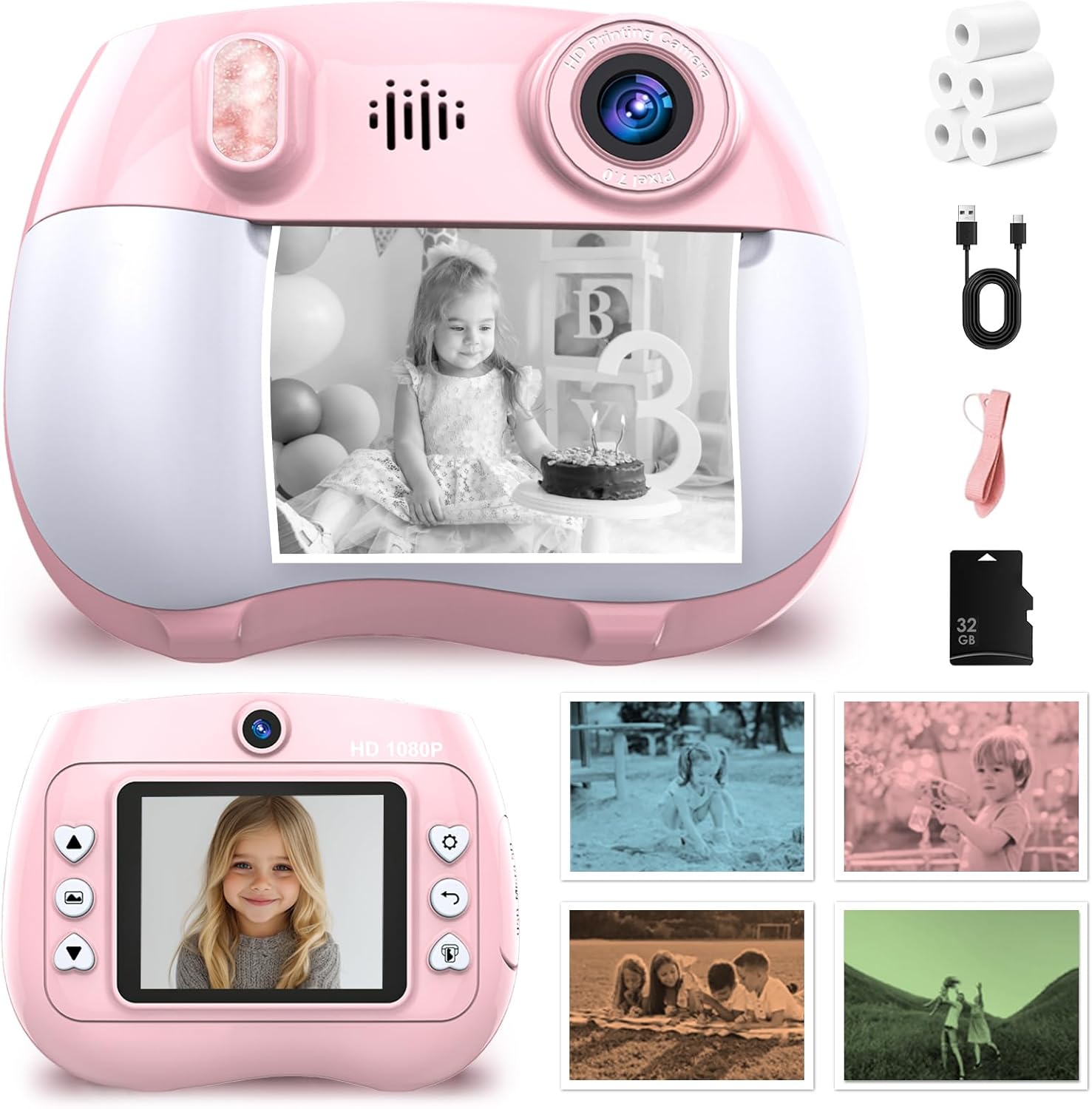 Kids Camera Instant Print, Christmas Birthday Gifts for Girls, 1080P HD Dual Lens – Video Digital Camera Toys with 32GB & 5-Color Print Paper, DIY Instant Color Printer for Ages 3-14, Pink