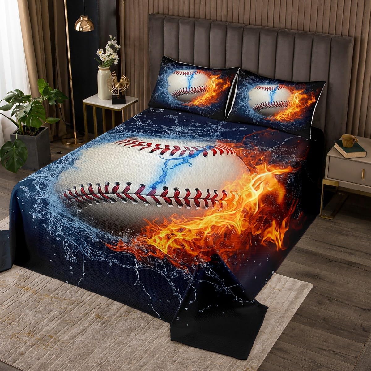 Erosebridal Baseball Bedspread for Teen Boy Room Decor Bedding Collection, Fire and Ice Sports Baseball Quilted Coverlet Kids Men Modern Sports Theme Coverlet Set, Red and Blue, Queen Size
