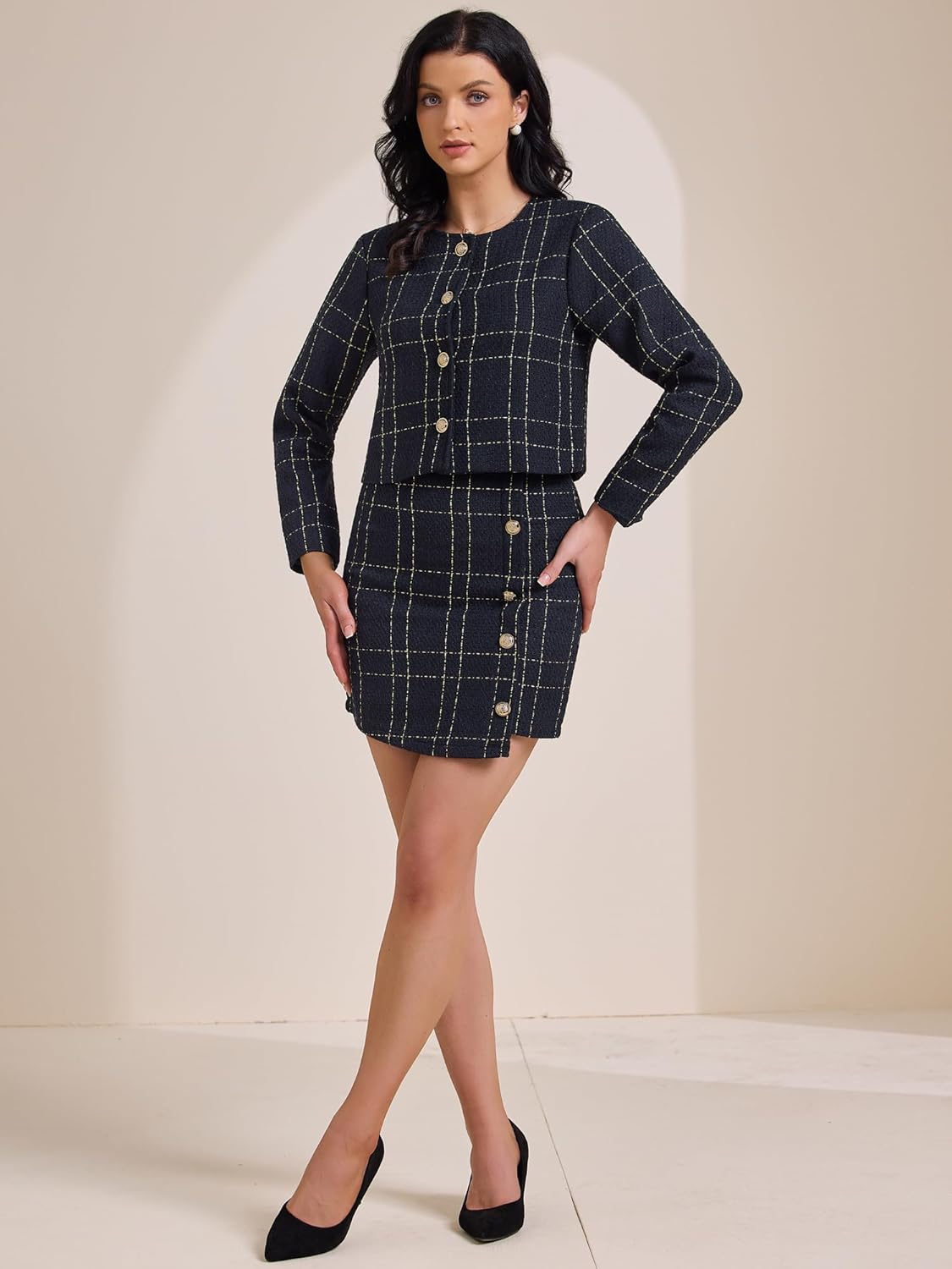 Allegra K Women's 2 Piece Skirt Sets Tweed Blazers Button Down Jacket Mini Skirt Set Business Casual Outfits 2025 - Image 3