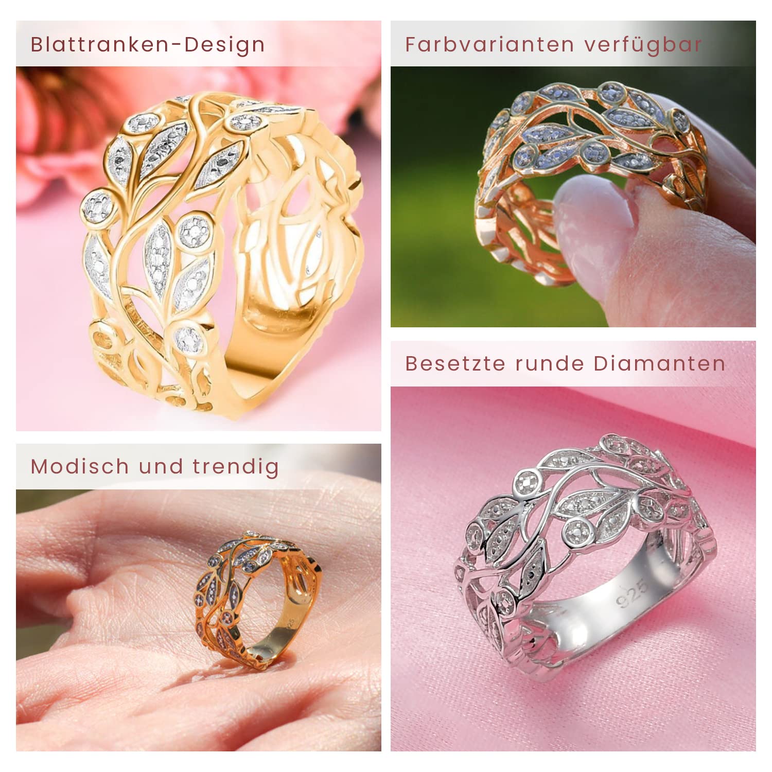 Diamantring im Blattdesign für Damen aus 925er Sterlingsilber, 585 platiniert – Ideal zur Verlobung, zum Jahrestag, zur Hochzeit oder als Geschenk für besondere Anlässe