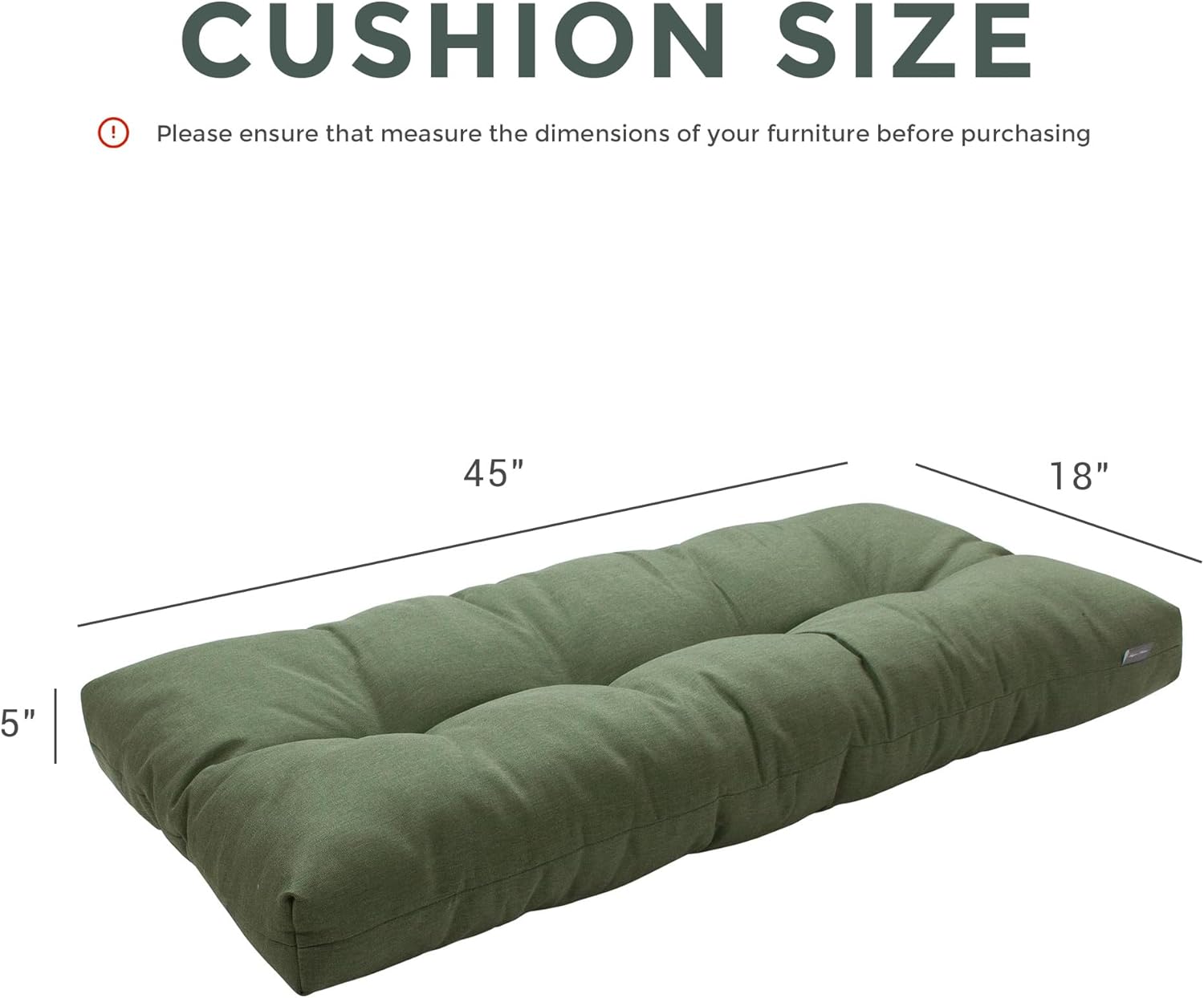 Magpie Fabrics Indoor Outdoor Bench Cushion 45"x18", Non-Slip Tufted Water Resistant Long Seat Pads, Patio Loveseat Cushion for Window, Garden, Swing, Settee - Green