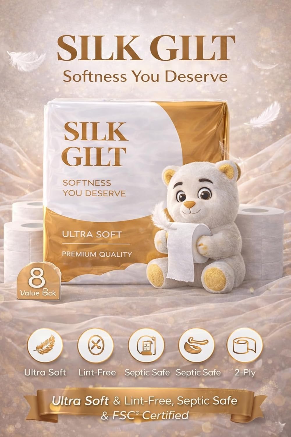 Silk Gilt™ Luxury Toilet Paper – 24 Rolls (3 Packs of 8), Ultra Soft & Strong, Premium Bathroom Tissue image 4