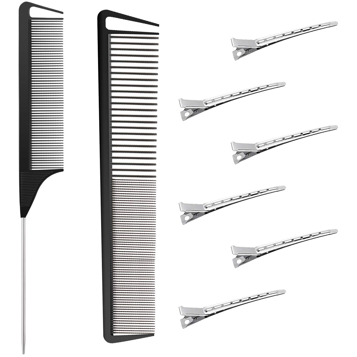 2 Pieces Carbon Fiber Combs Rat Tail Comb and Fine Cutting Comb with Wide and Fine Teeth, 6 Metal Alligator Curl Clip Duckbill Clip Salon Hairdressing Care Tools for Women Men Most Hair Types