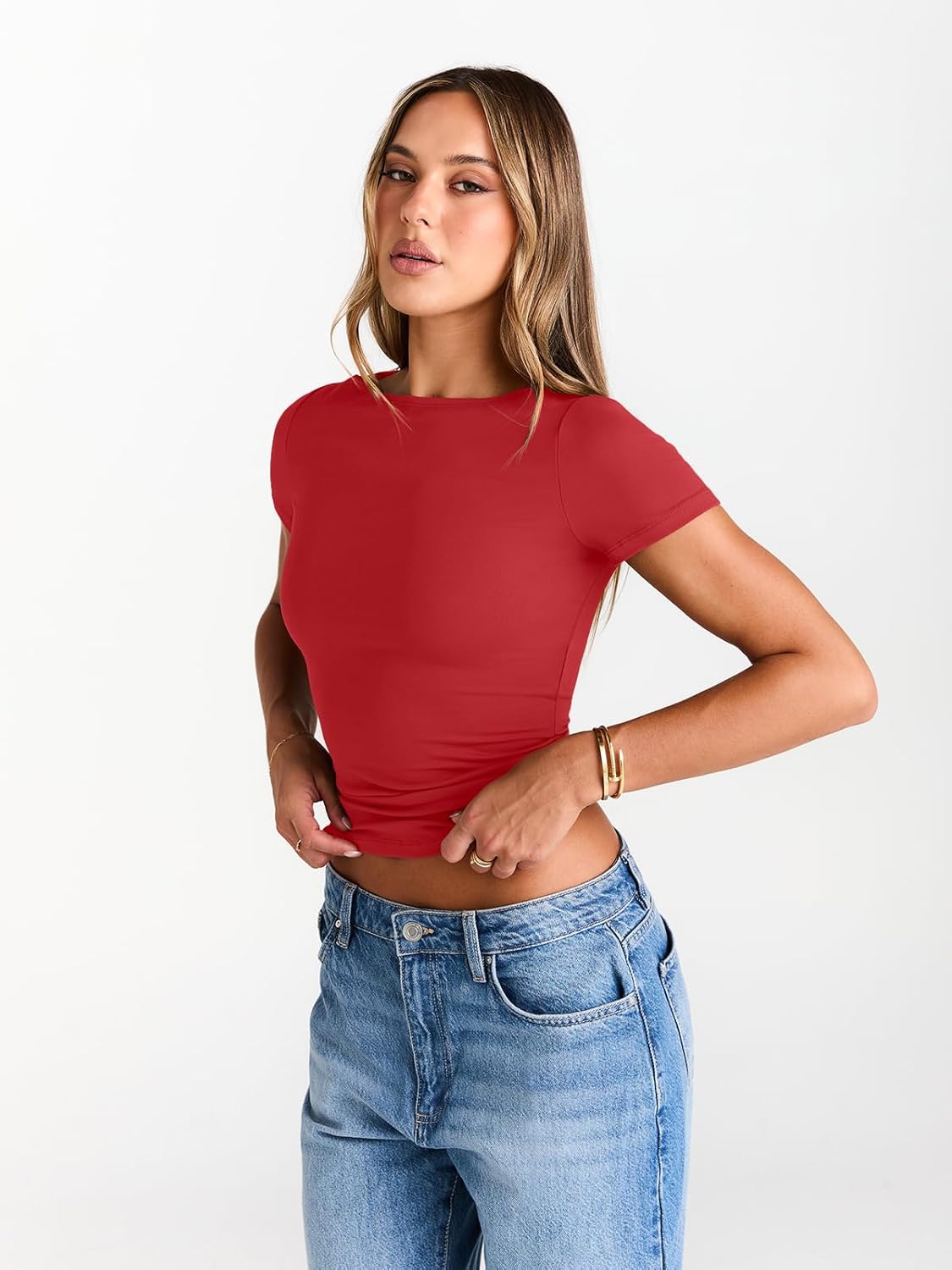 Trendy Queen Womens Boat Neck Short Sleeve T-Shirts Fitted Compression Summer Y2k Basic Tops 2026 Spring Outfits Clothes - Image 3