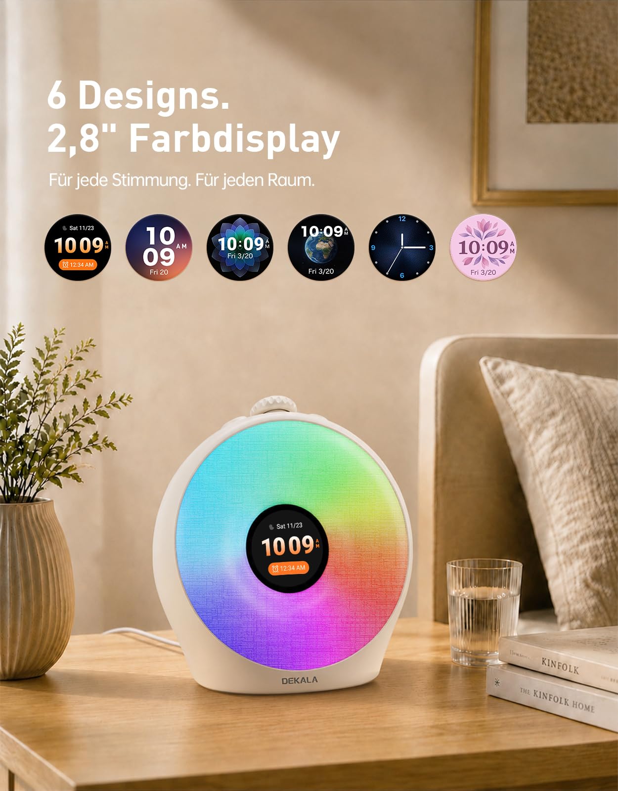 Dekala Tageslichtwecker für Tiefschläfer mit Pulse Wake 95 dB, Lichtwecker Sonnenaufgang & Sunset Sleep, Wake Up Light, 7 Display-Themen, Sound Machine, Atemlicht, 4 Alarme, Farbdisplay, Ohne App