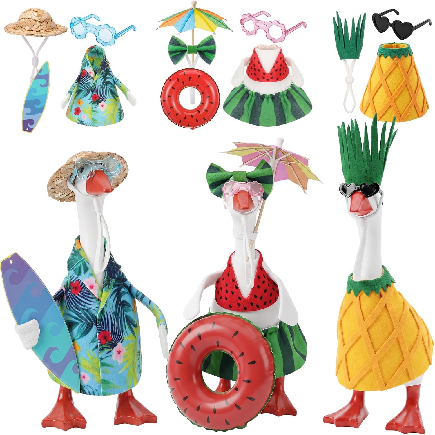 Shinylin 3 Set 7 Inch Desk Goose Outfits Summer Desk Goose Clothes with Straw Hat Sunglasses Accessories Summer Holiday Hawaiian Decor for Desktop Geese Statues Office Home Table (Chic)