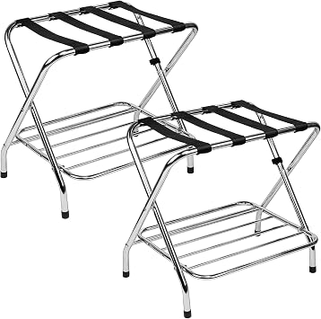 Foldable Luggage Rack Sturdy Metal Suitcase Stand with Double Tier Storage, Heavy Duty Construction, Foldable Design, Compact for Travel, Guest Rooms, Hotels, Bedrooms. Pack of Two Units Included.
