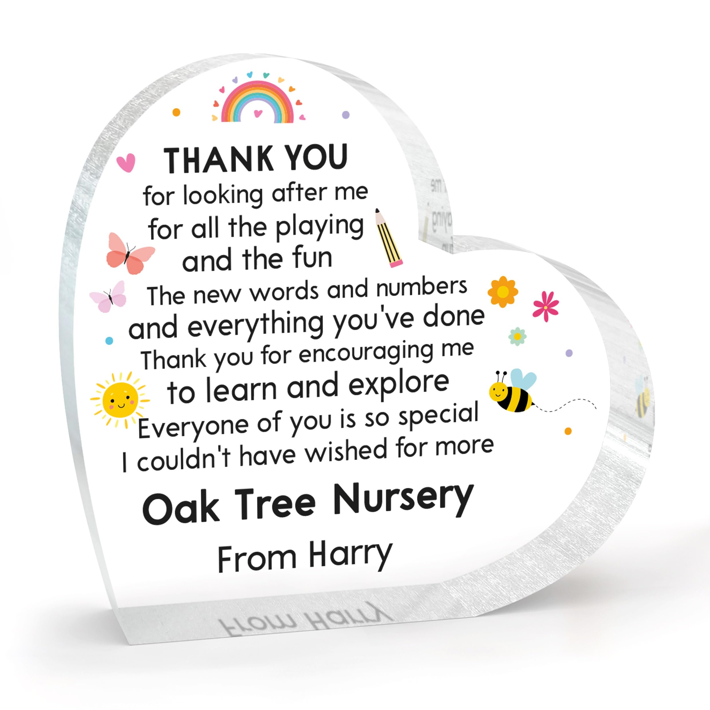Beecreative Personalised Nursery Teacher Gifts - Acrylic Heart Ornament - Thank You Nursery Gifts For Teachers - With Gift Bag