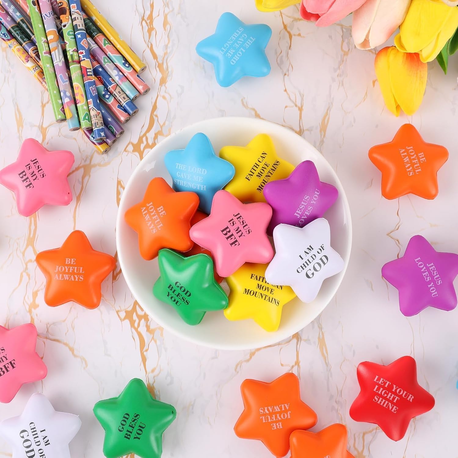 64 Pcs Christian Star Stress Balls Bulk for Kids Jesus Bible Quotes Motivational Balls Mini Foam Stress Relief Star Ball Toy Colorful Squeeze Fidget Office Stress Anxiety Relief Toy Party Favors