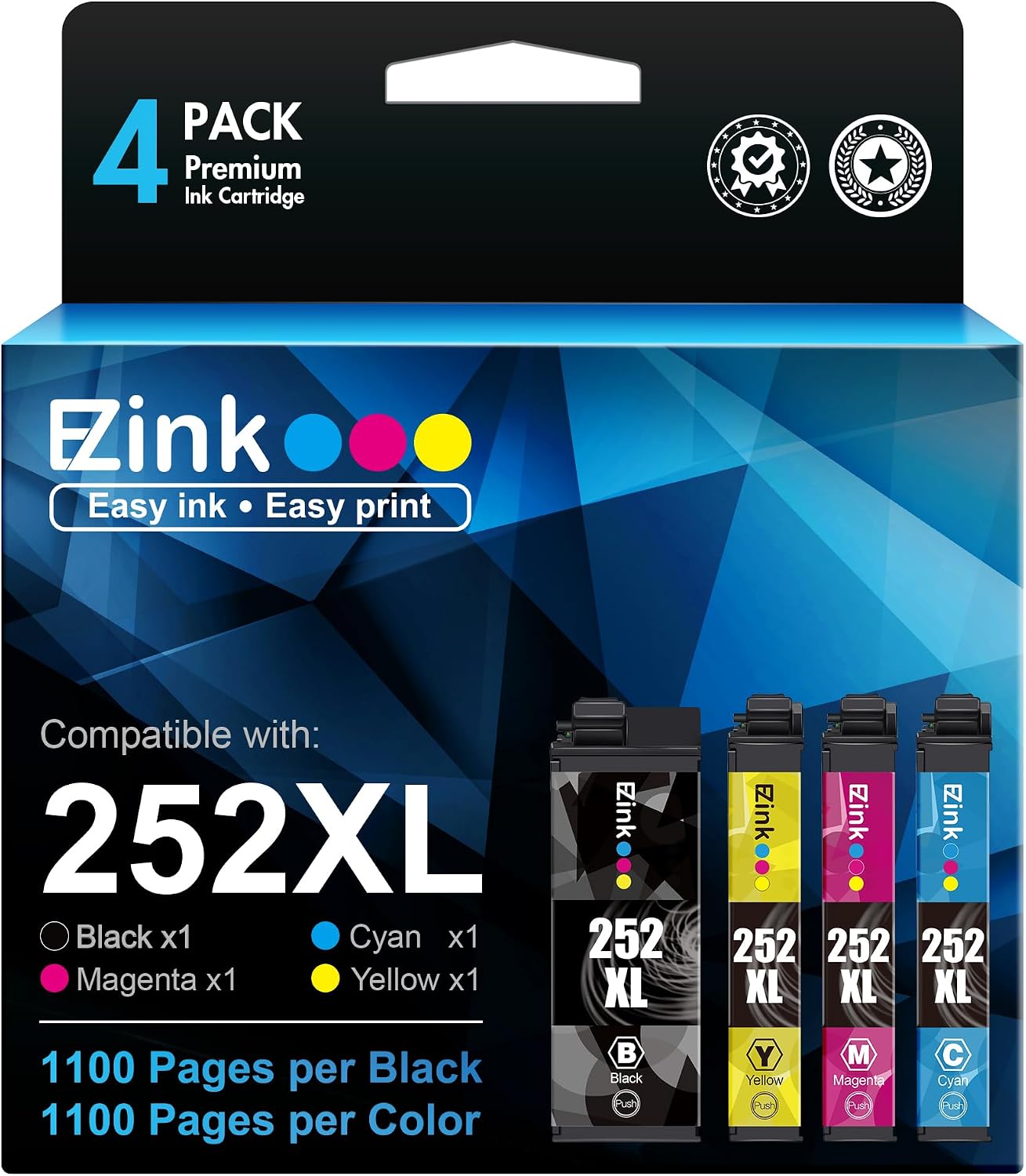 E-Z Ink (TM Remanufactured Ink Cartridge Replacement for Epson 252XL 252 XL T252XL120 to use with Workforce WF-7110 WF-7720 WF-7710 WF-3620 WF-3640 (1 Large Black, 1 Cyan, 1 Magenta, 1 Yellow) 4 Pack