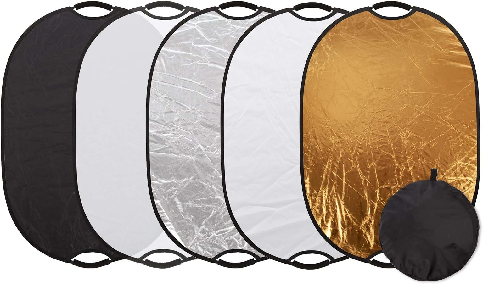 HWAMART 5-in-1 Handheld Multi Collapsible Light Reflector 60x90cm Studio Photography Portable Oval Diffuser Light Reflector with Carrying Case, Multi Disc Translucent, Silver, Gold, White and Black