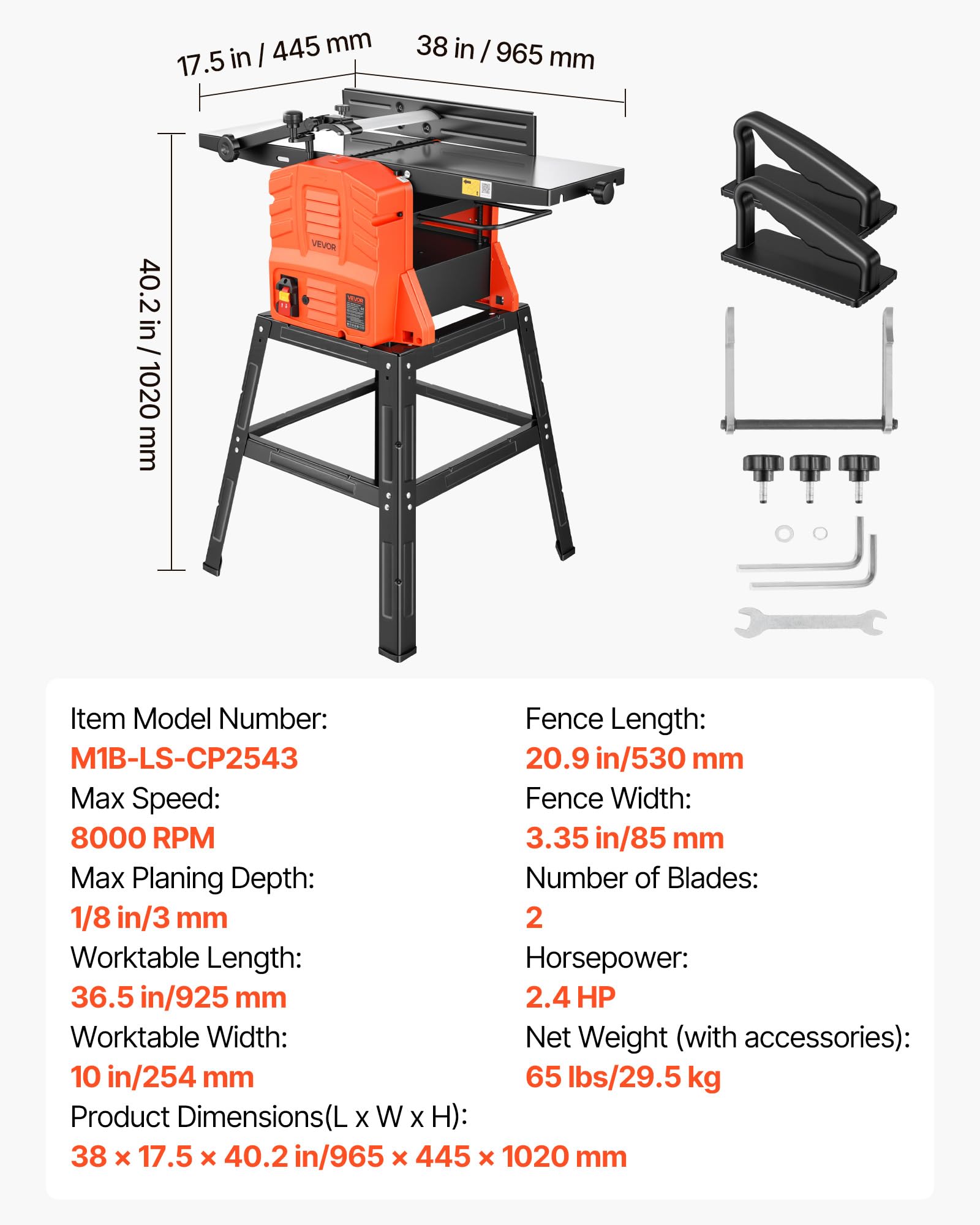 VEVOR Raboteuse Dégauchisseuse 2,4 hp Dégauchisseuse d'Établi 25,4x92,5 cm pour Bricolage Menuiserie, 8000 tr/min, avec Support, Tête de Coupe Droite à 2 Lames, Profondeur de Coupe Réglable 0-3 mm