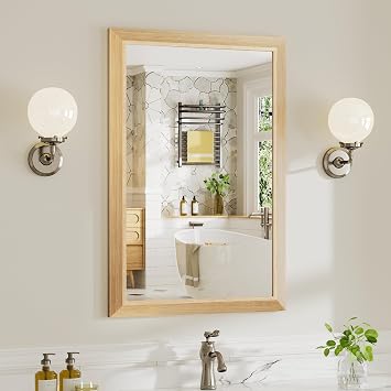 24x36 Inch Bathroom Mirror for Wall, Anti-Rust Oak Wood Grain Metal Framed Bathroom Mirrors for Over Sink,Rectangler Mirrors for Bathroom Vanity, Farmhouse, Bedroom, Living Room, Entryway Decor