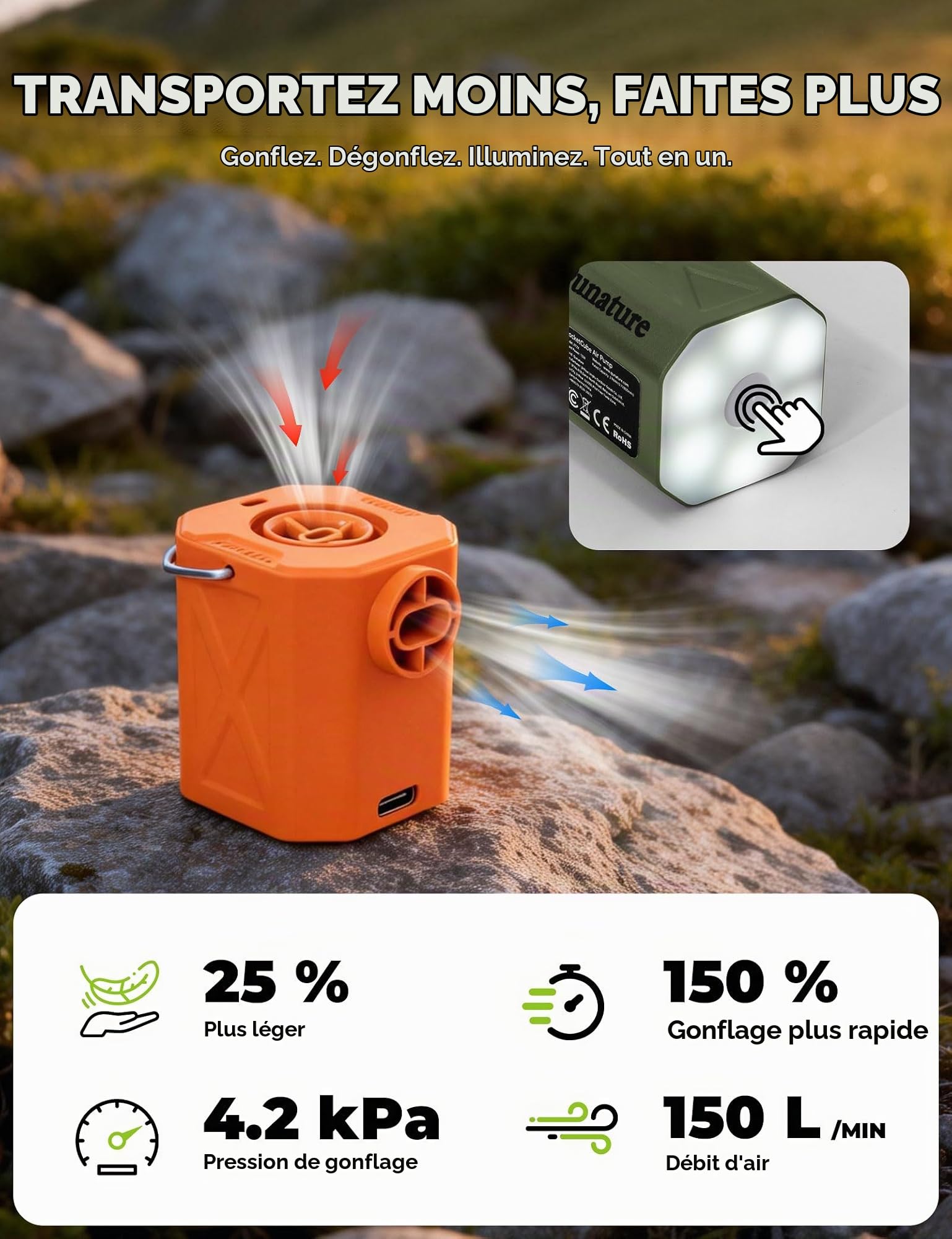 Mini Pompe Électrique Portable 45 g, Pompe à Air Ultra Légère USB-C, Gonflage Dégonflage LED, 5 Embouts pour Matelas Gonflable, Bouée, Sac sous Vide, Camping