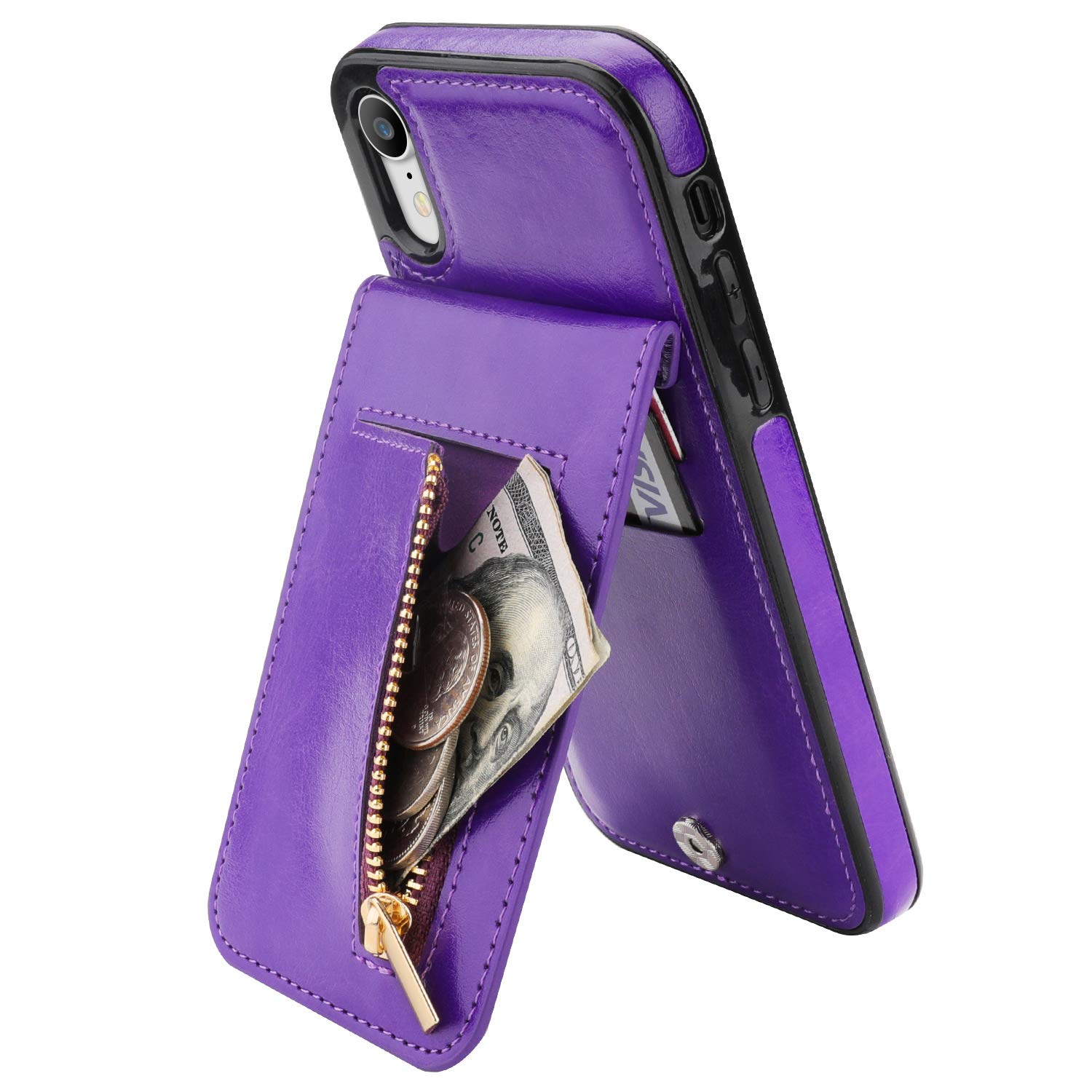 iPhone Xr Case Wallet with Credit Card Holder, KIHUWEY Zipper Purse Case PU Leather Magnetic Clasp Kickstand Heavy Duty Protective Cover for iPhone Xr