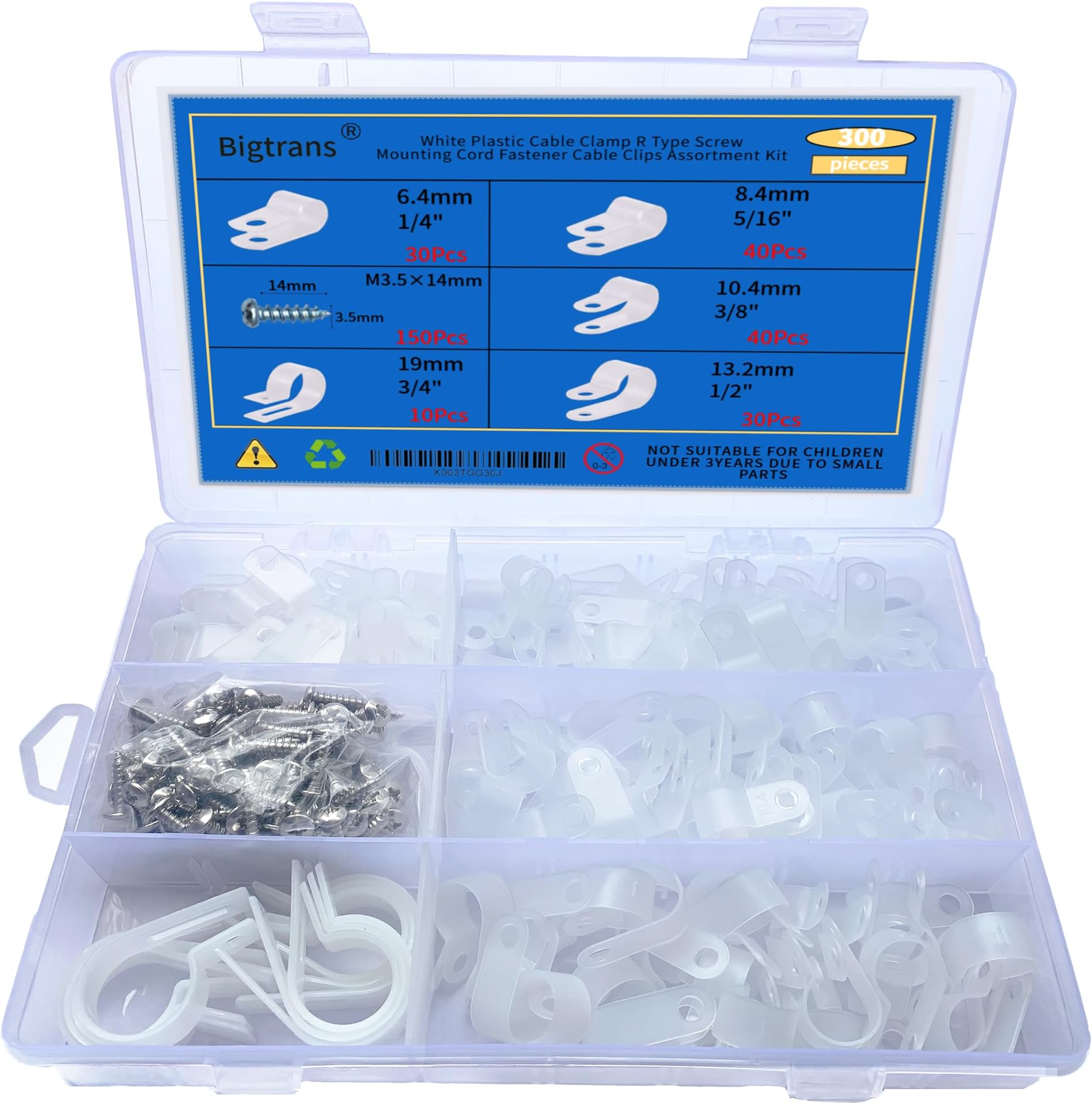 Bigtrans 300 Pcs Nylon Plastic R-Type Wire Clips with Screws 1/4" 5/16" 3/8" 1/2" 3/4" Clamps Fasteners Assortment for Cable Conduit -5 Size -White