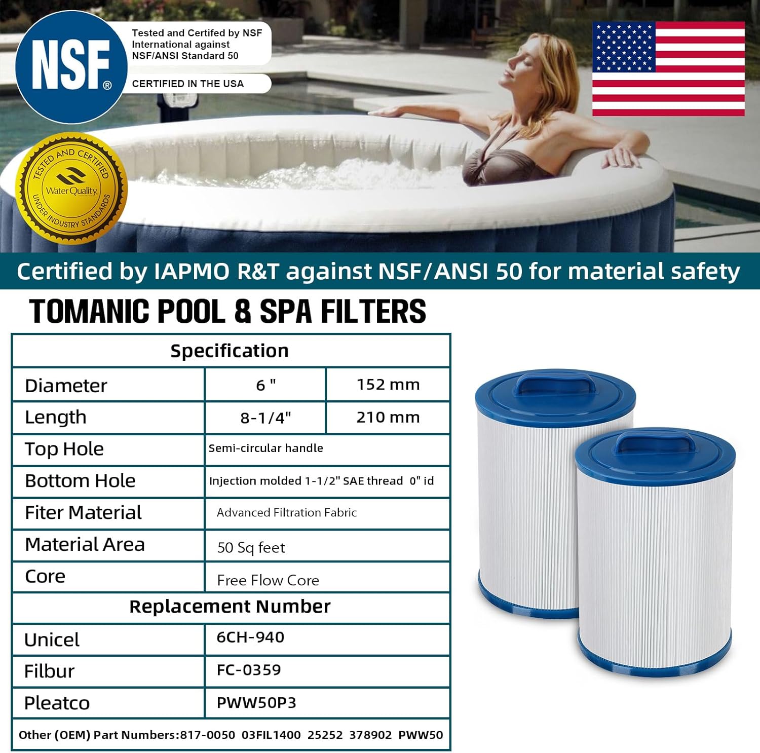 PWW50P3 Hot Tub Filter Cartridge - Replaces 6CH-940, FC-0359, 817-0050, 25252, PWW50 - Fits Pleatco, Unicel, Waterway Spas-6" Diameter, 8-1/4" Length, NSF 50 Certified (2 Pack)