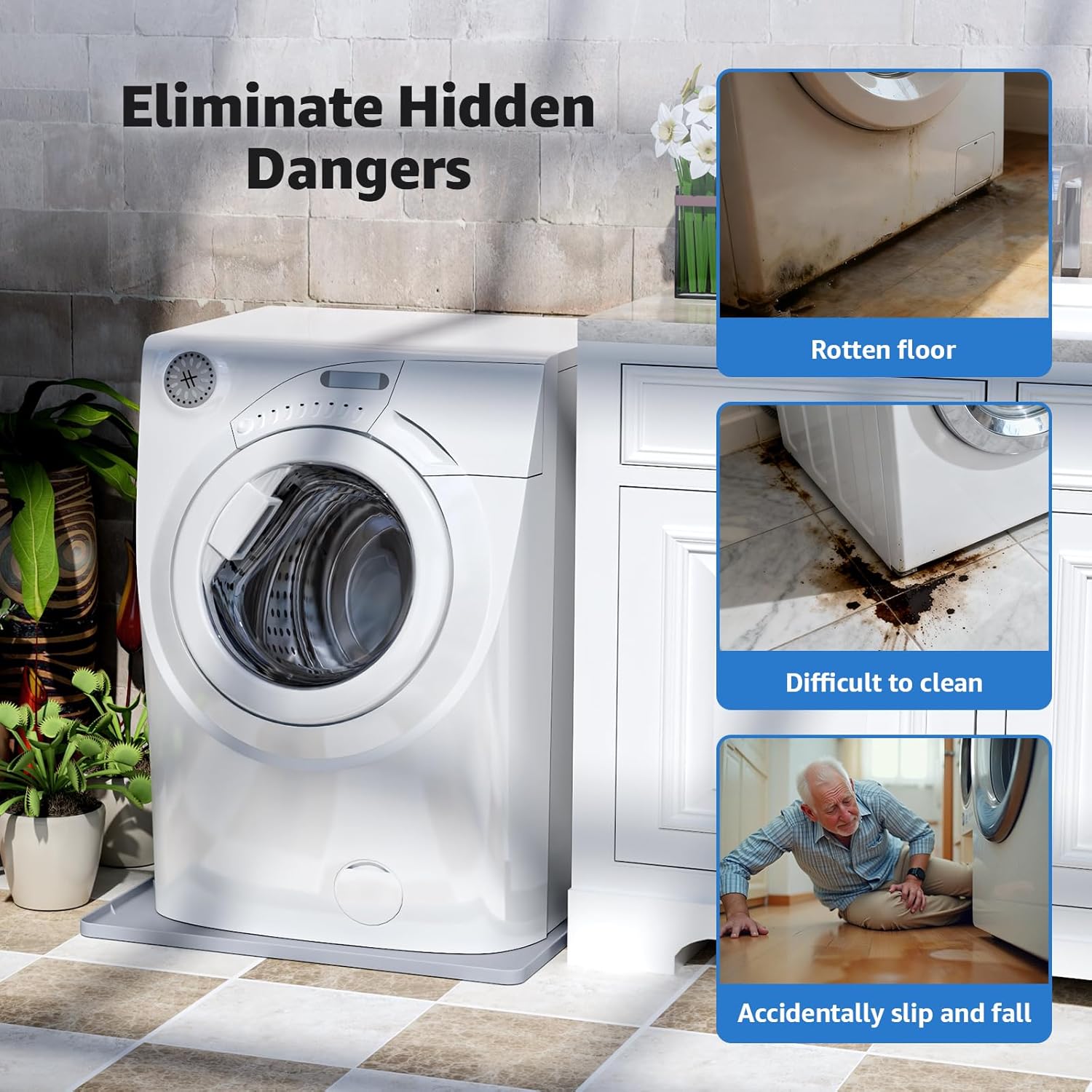 Washing Machine Drain Pan 27''x27'' with 0.78'' Raised Edges,Leak-Proof Silicone Mat,Non-Slip & Waterproof Washer Drain Tray for Floor Protection,Washer Dryer,Gray