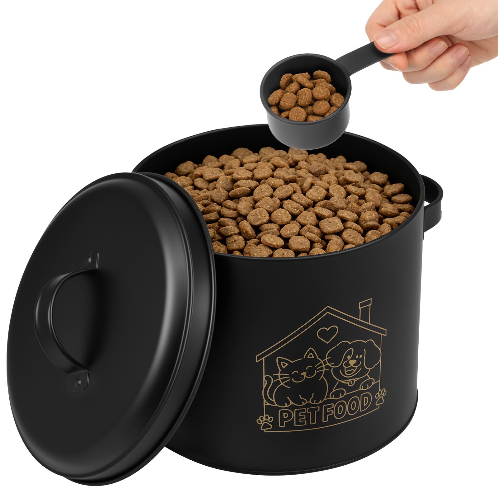 Alongen Black Dog Food Storage Container, Airtight Dog Treat Tin Metal Pet Food Storage For Cat With Scoop And Handle Vintage Container