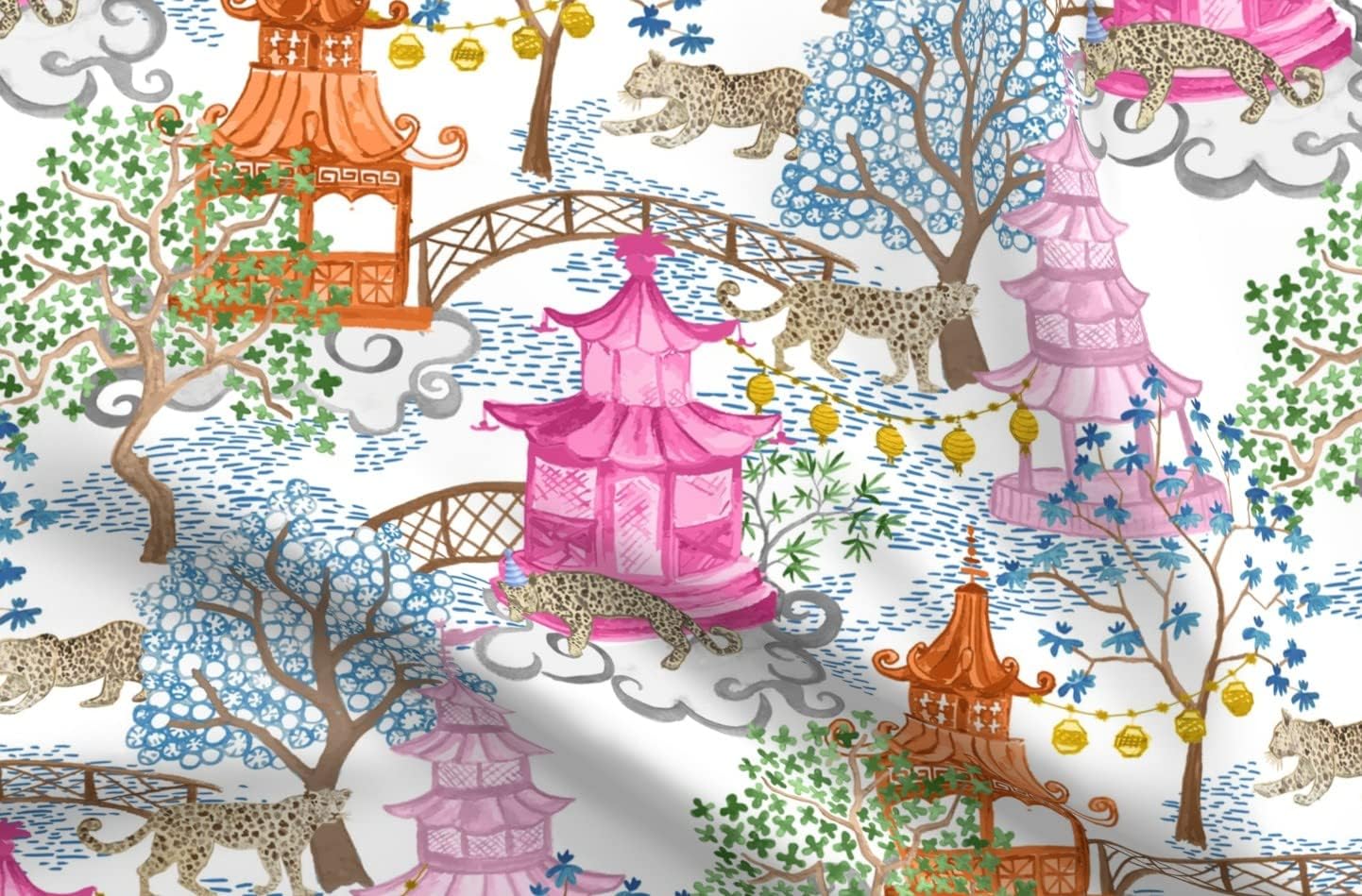 Spoonflower Fabric - Chinoiserie Pagoda Leopards Pink and Rust Asian Inspired Watercolor Printed on Upholstery Velvet Fabric Fat Quarter - Upholstery Home Decor Bottomweight Apparel