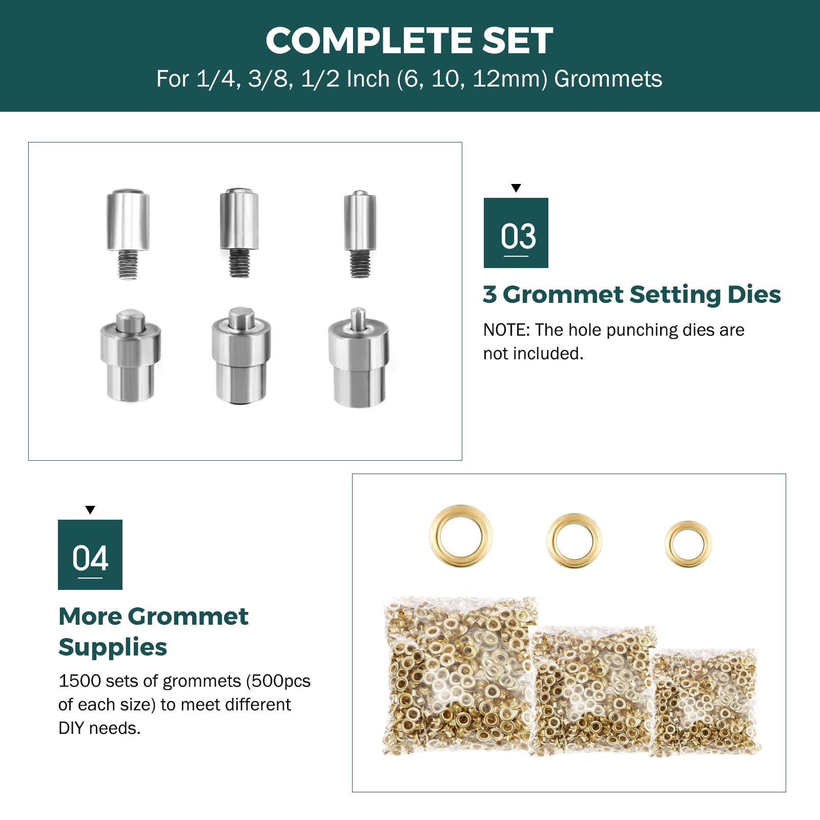 BEAMNOVA Kit de ojales para máquina de prensado manual con 3 troqueles (#0#2#4) de 1/4, 3/8, 1/2 pulgadas (6, 10, 12 mm), 1500 ojales dorados