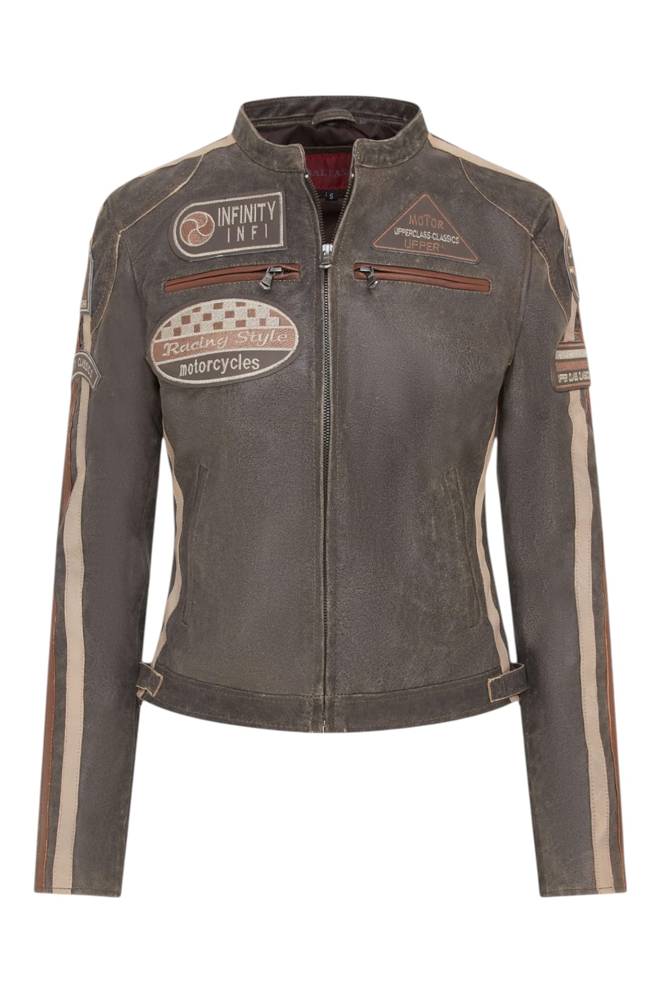 Infinity Leather Women's Vintage Tan Leather Biker Casual Racing Moto Badges Jacket