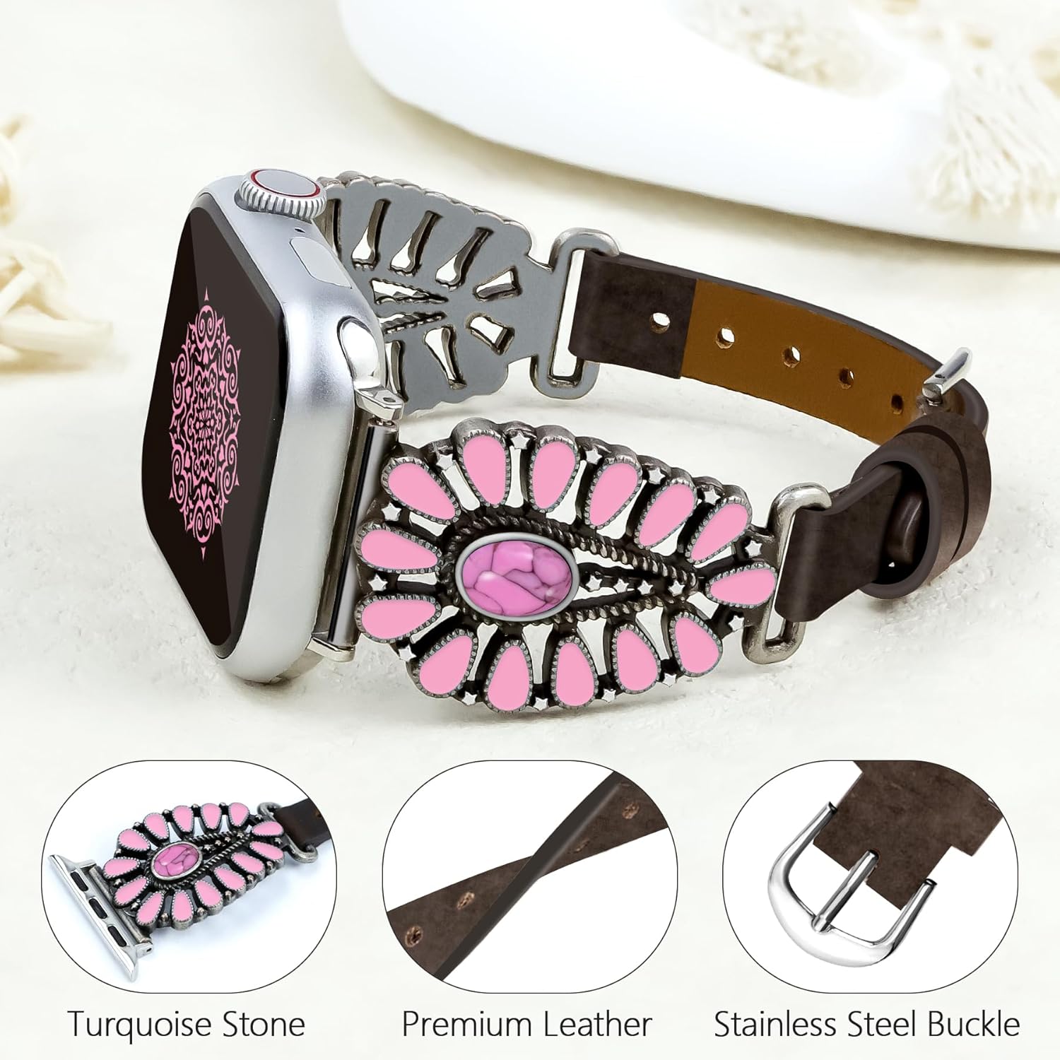 JR.DM Leather Band Compatible with Apple Watch Women 38/40/41/42/44/45/46/49mm Western Designer Boho Turquoise Retro Tribal Classic Straps for iWatch Series 10 9 8 7 6 5 4 3 2 1 SE Ultra