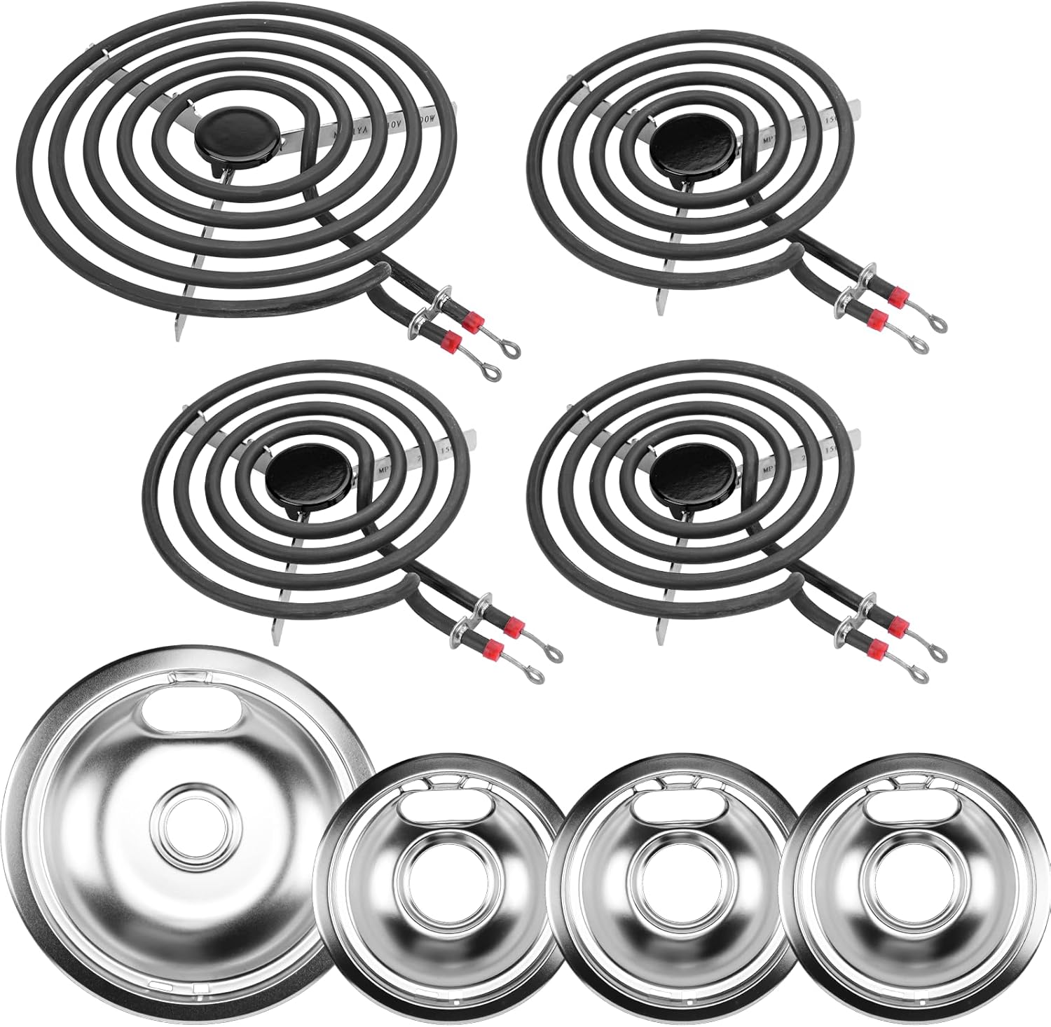 【UPGRADED】W10196405 W10196406 Electric Stove Burner Drip Pans & MP21YA MP15YA Electric Range Burner Element Unit Set fit for Whirlpool Kenmore Amana Range Oven/Stove by Cenipar