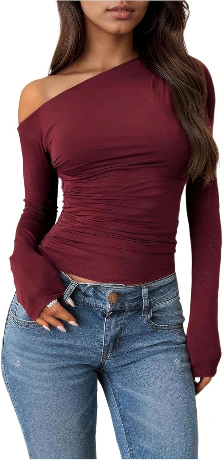 SOLY HUX Women's Off The Shoulder T Shirt Long Sleeve Asymmetrical Neck Ruched Fitted Tee Going Out Tops - Image 3
