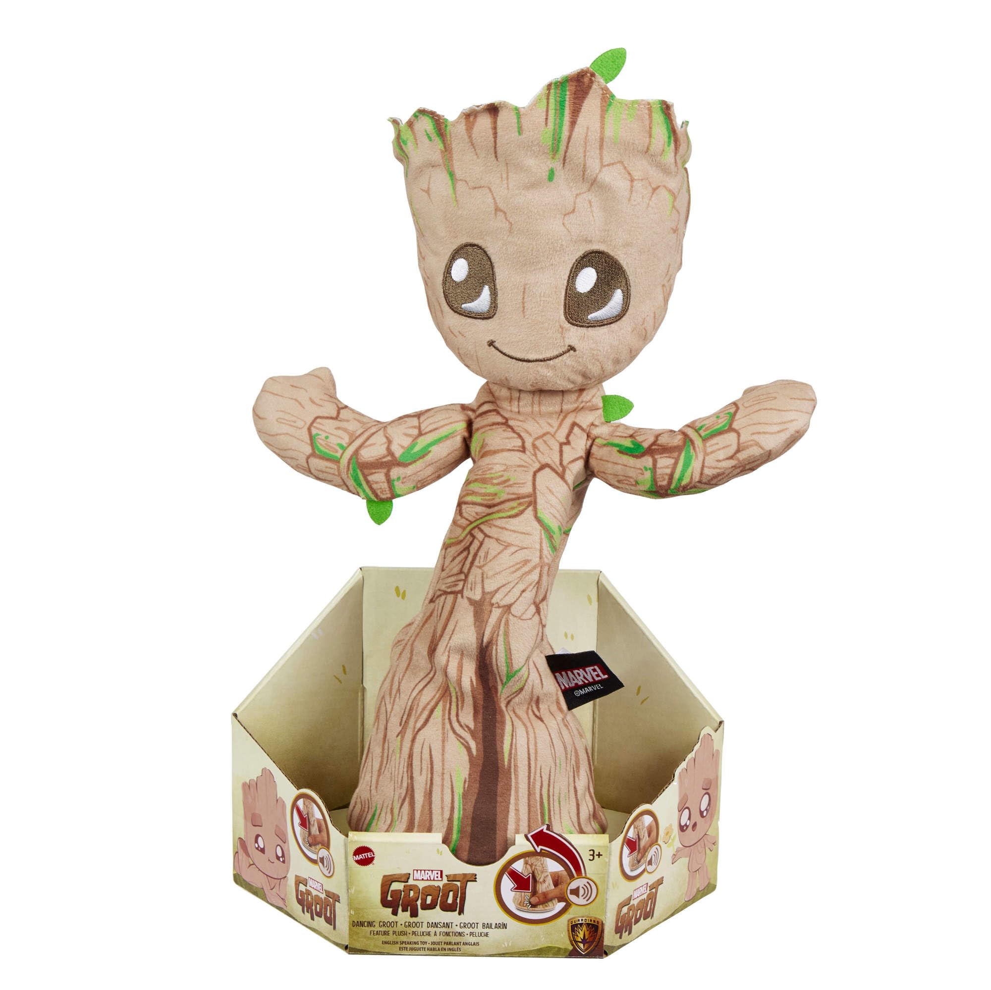 Mattel Marvel Plüschfigur, Tanzender Groot, englischsprachiges Kuscheltier, ca. 33 cm groß mit Geräuschen, Sätzen, Musik und Tanzbewegungen, JDW97