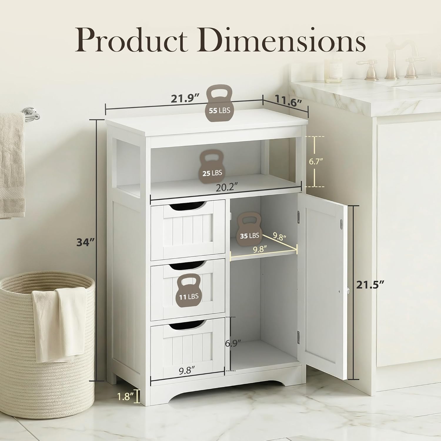 ZenStyle Bathroom Floor Cabinet, Storage Organizer with 3 Drawers and 1 Door, Free Standing Entryway Cupboard for Home Office (White)