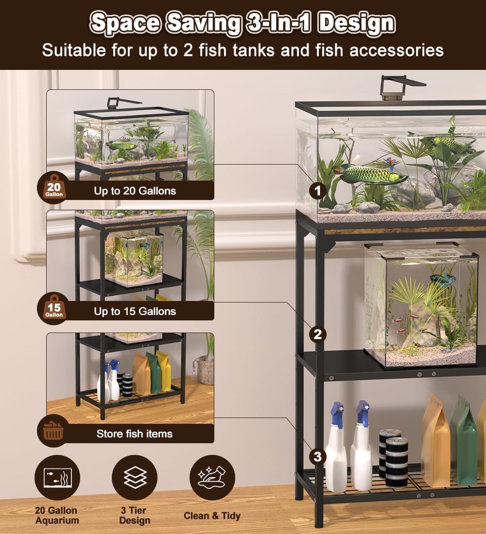 20 Gallon Aquarium Stand with 3-Tier Adjustable Storage Shelf | Heavy Duty Fish Tank Stand, Reptile Breeder Turtle Tank Terrarium Rack Table for Home Office, 25" L x 13" W x 32.2" H, Black
