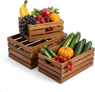 VICTORY RELAX Nesting Wood Storage Crates (Set of 3) - Natural Acacia Wood Stackable Wooden Boxes for Storage & Organization - Decorative Wooden Basket Set for Fruits, Shelving & Home Decor