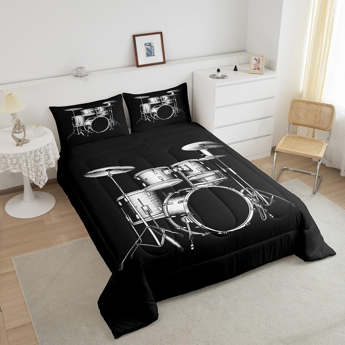 Feelyou Queen Drum Kit Bedding Set for Kids Toddler Drum Comforter Set for Boys Girls Rock Music Themed Comforter Teens Musical Duvet Set Bedroom Decor Microfiber Bed Set