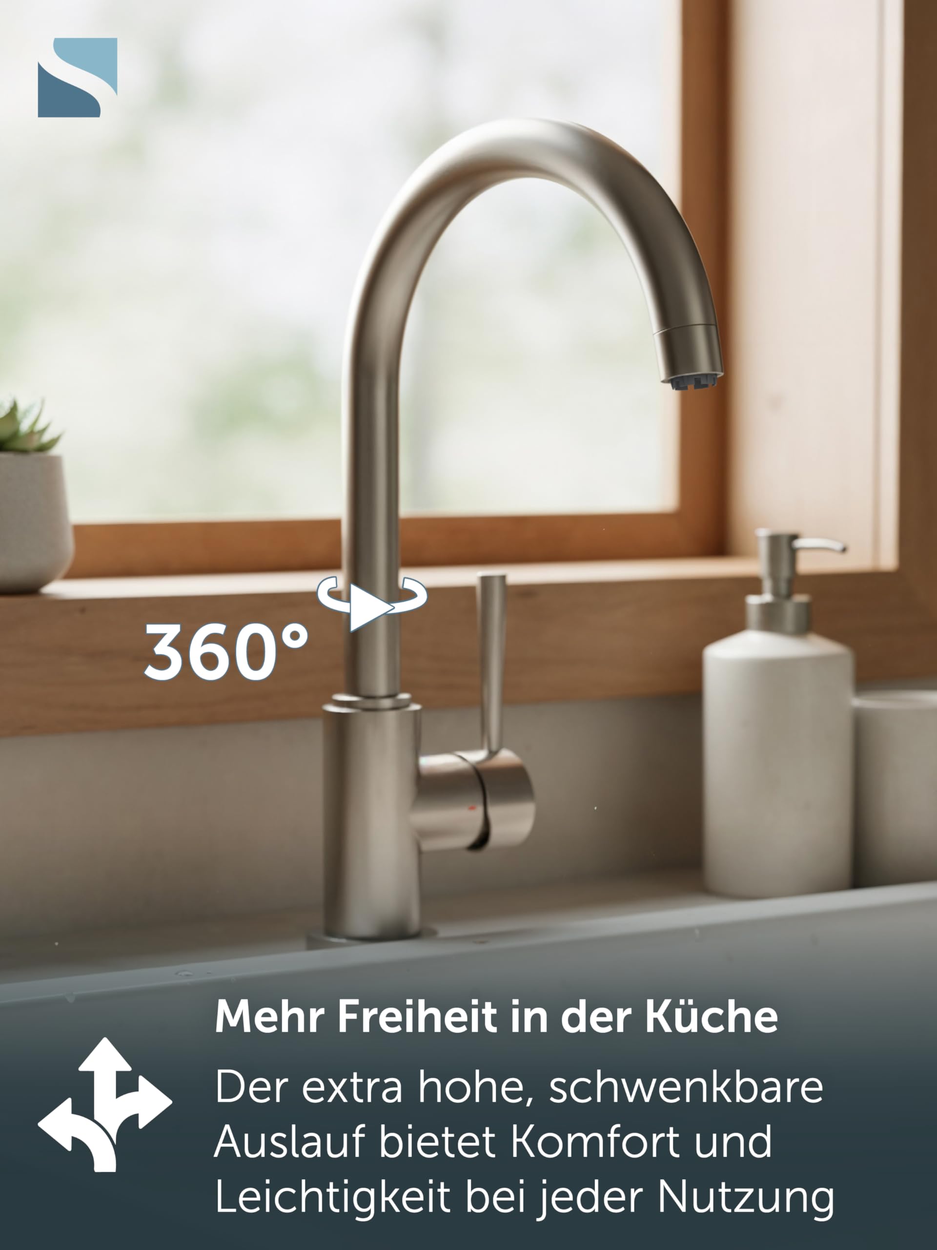 SCHÜTTE 79129 CORNWALL Küchenarmatur Niederdruck, Spültischarmatur mit hohem Auslauf, Einhebelmischer, energiesparend, 360 ° schwenkbar, Wasserhahn Küche, Armatur Spüle, Edelstahl