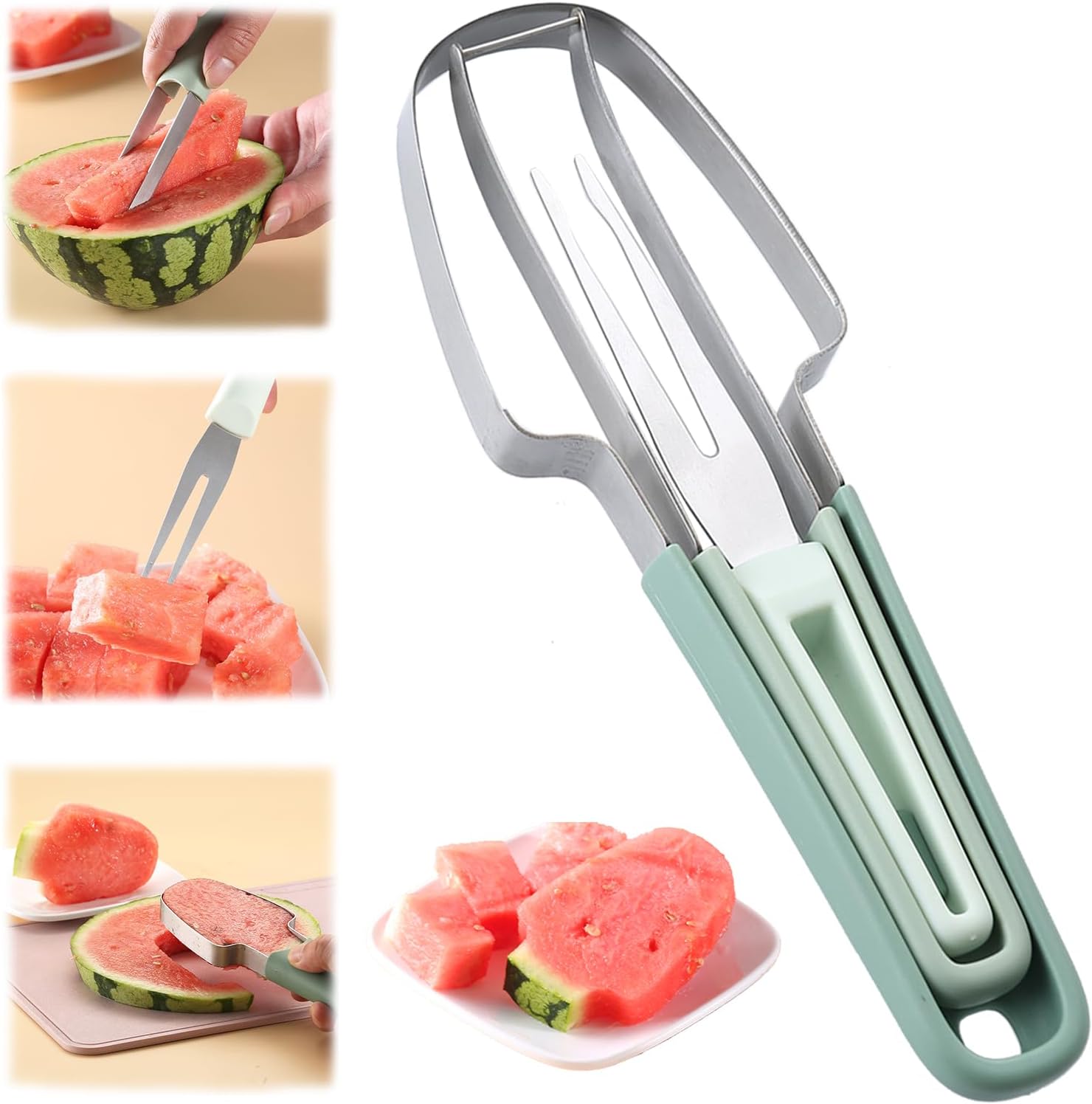 Coupe-Pastèque 3 En 1 GreenYeah En Acier Inoxydable - Trancheur Fourchette Et Couteau à Pastèque Portable