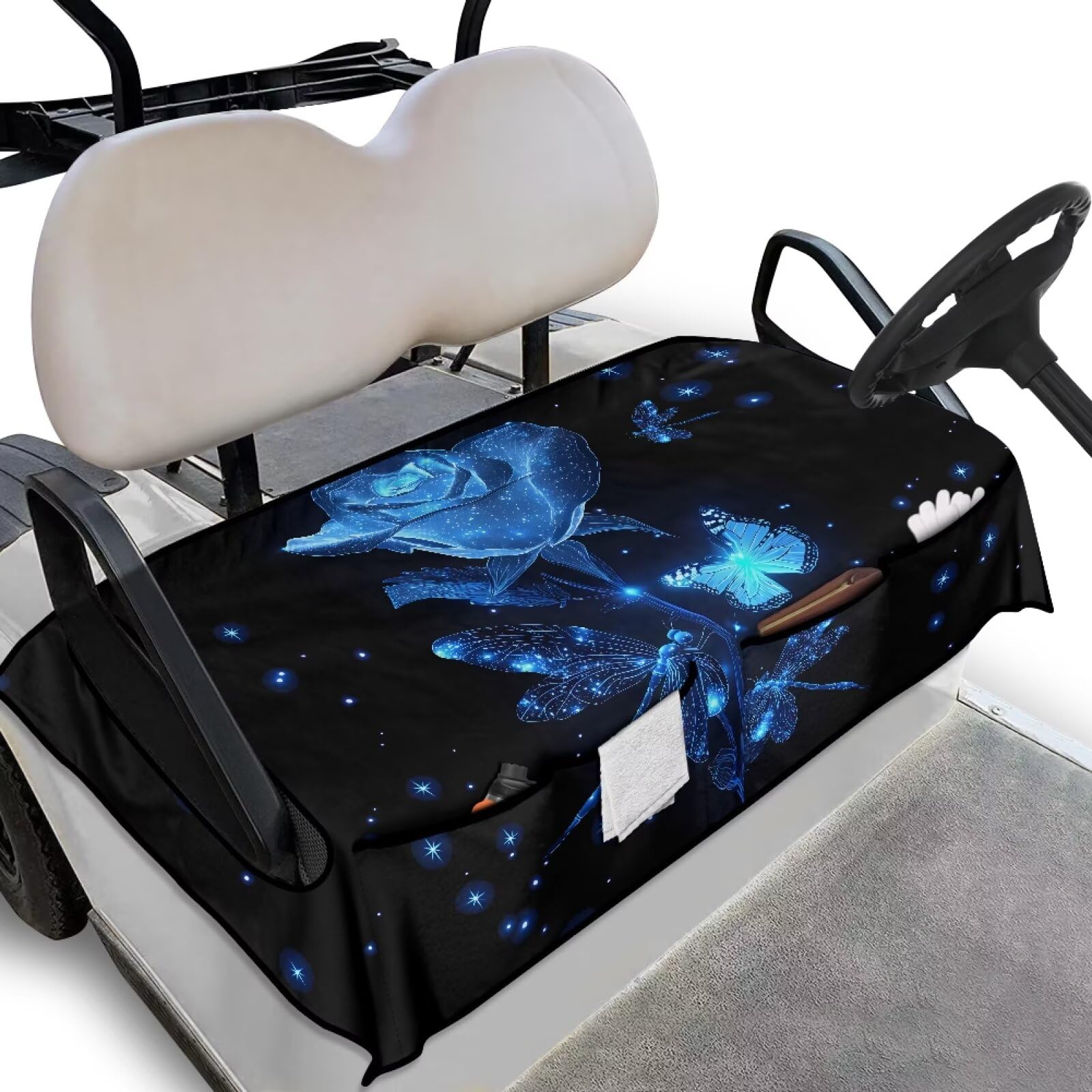 Biyejit Blue Rose Golf Cart Seat Covers with 2 Pockets Breathable Golf Buggy Seat Protecter Golf Cart Decoration for 2-Person Seats Club Easy Install and Clean