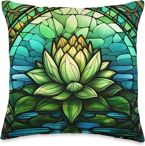 Spiritual Abstract - Cojín de flores de loto verde, 16 x 16 pulgadas, multicolor