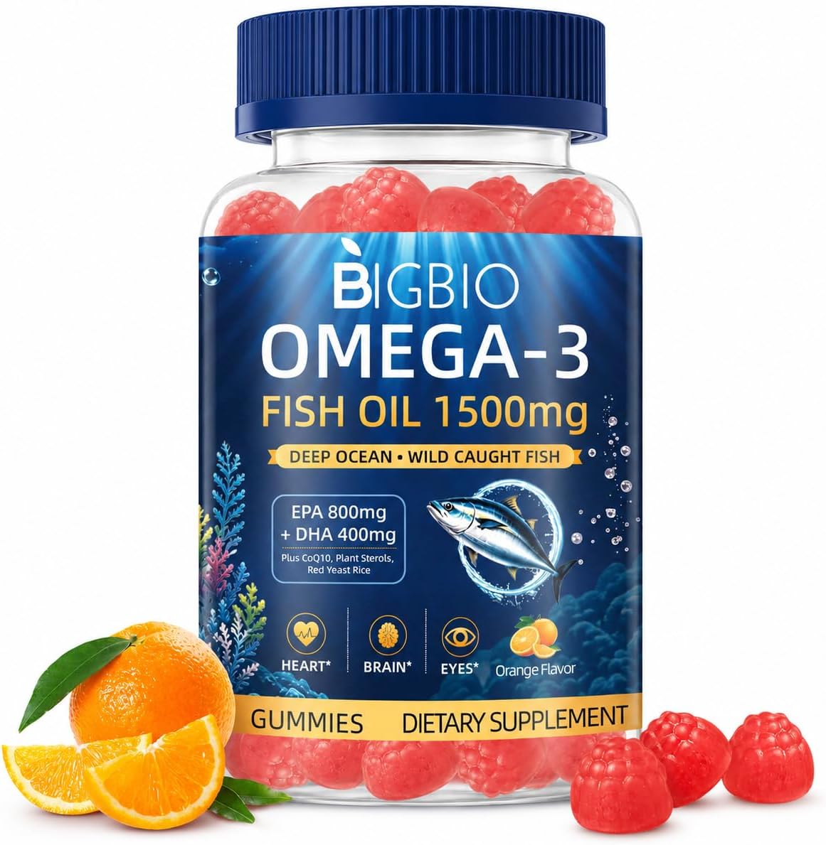 Omega-3 Fish Oil Gummies 1500mg for Adults, Triple Strength EPA & DHA with CoQ10, Red Yeast Rice, Bergamot & Antioxidants, Wild-Caught, Sugar-Free, Burpless, Heart & Brain Support, 90 Count