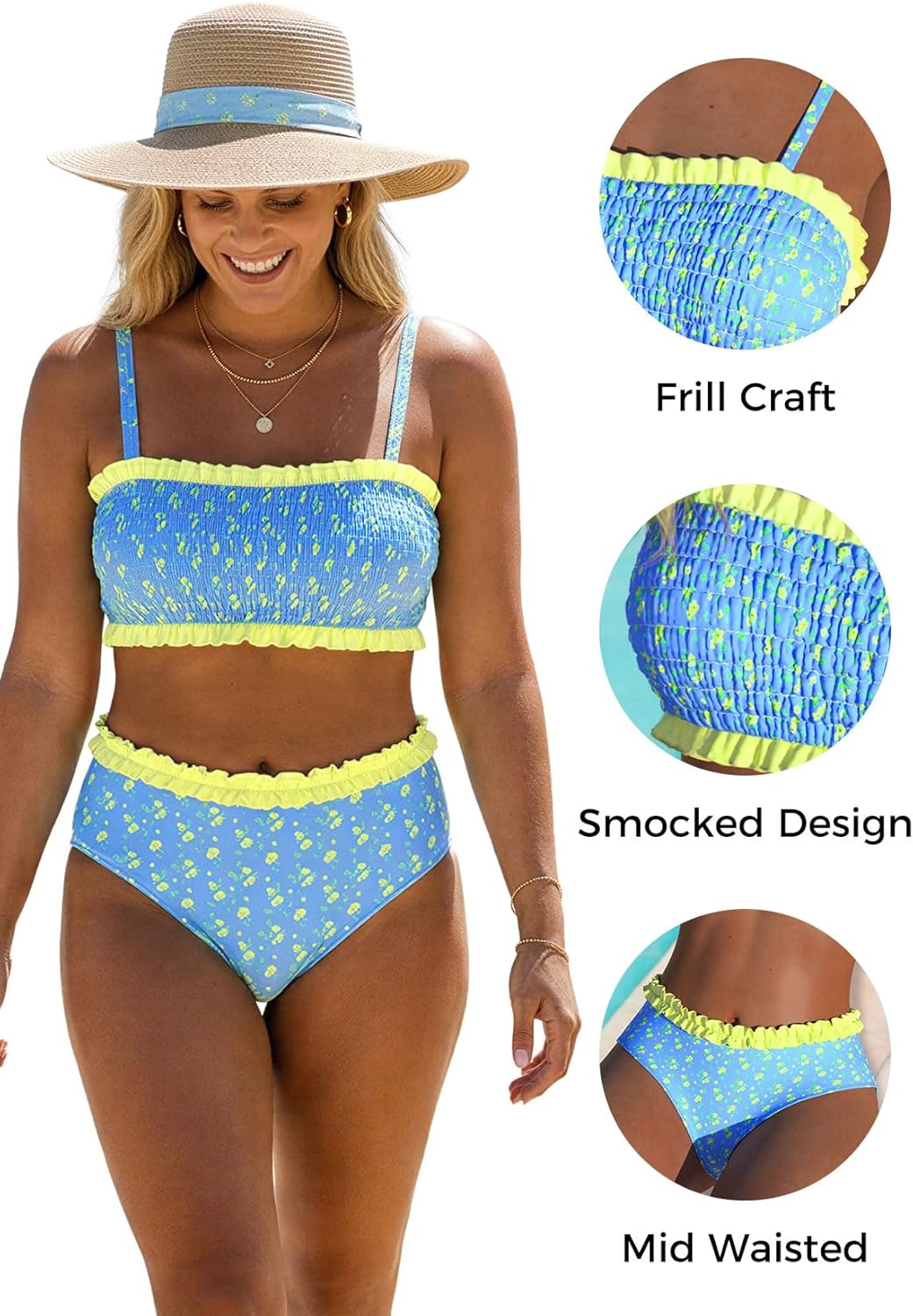 ROSEWE Cute Bikini Sets for Women, Frill Design Ditsy Floral Swimsuits, Smocked Bandeau Top with Mid Waisted Briefs