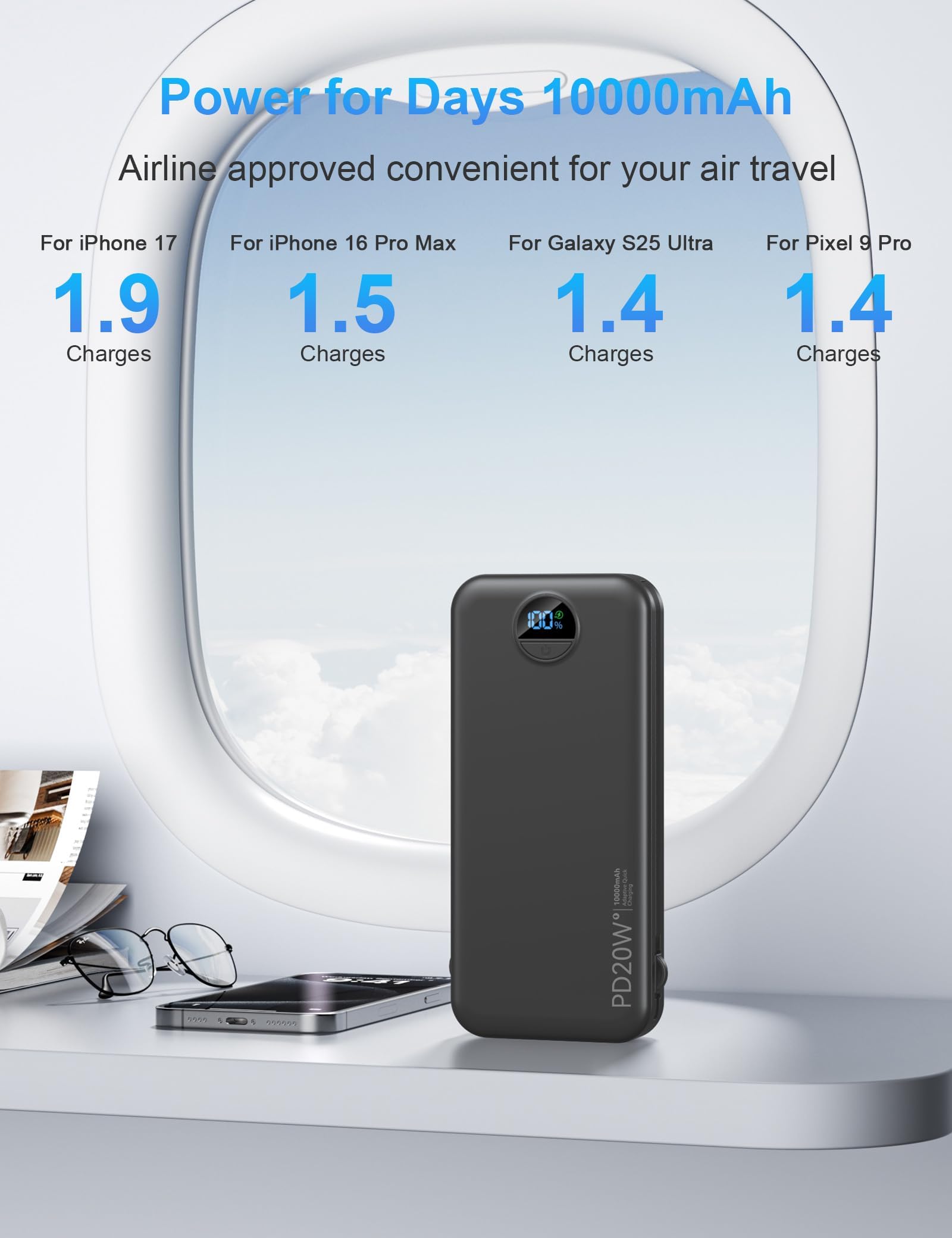 10000mAh batterie externe USB-C charge rapide, Bloc-batterie externe avec câbles intégrés, Affichage numérique, 5 sorties 4 entrées pour iPhone, Android