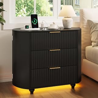 ZKIODV Ovalt Sängbord med Uttag, LED Sängbord, 65 x 80 x 45 cm (Svart) | Modernt Nattduksbord med Laddstation USB-A och USB-C, 3 Lådor, LED Belysning 3 Färger, Stort Nattduksbord i Trä för Sovrum