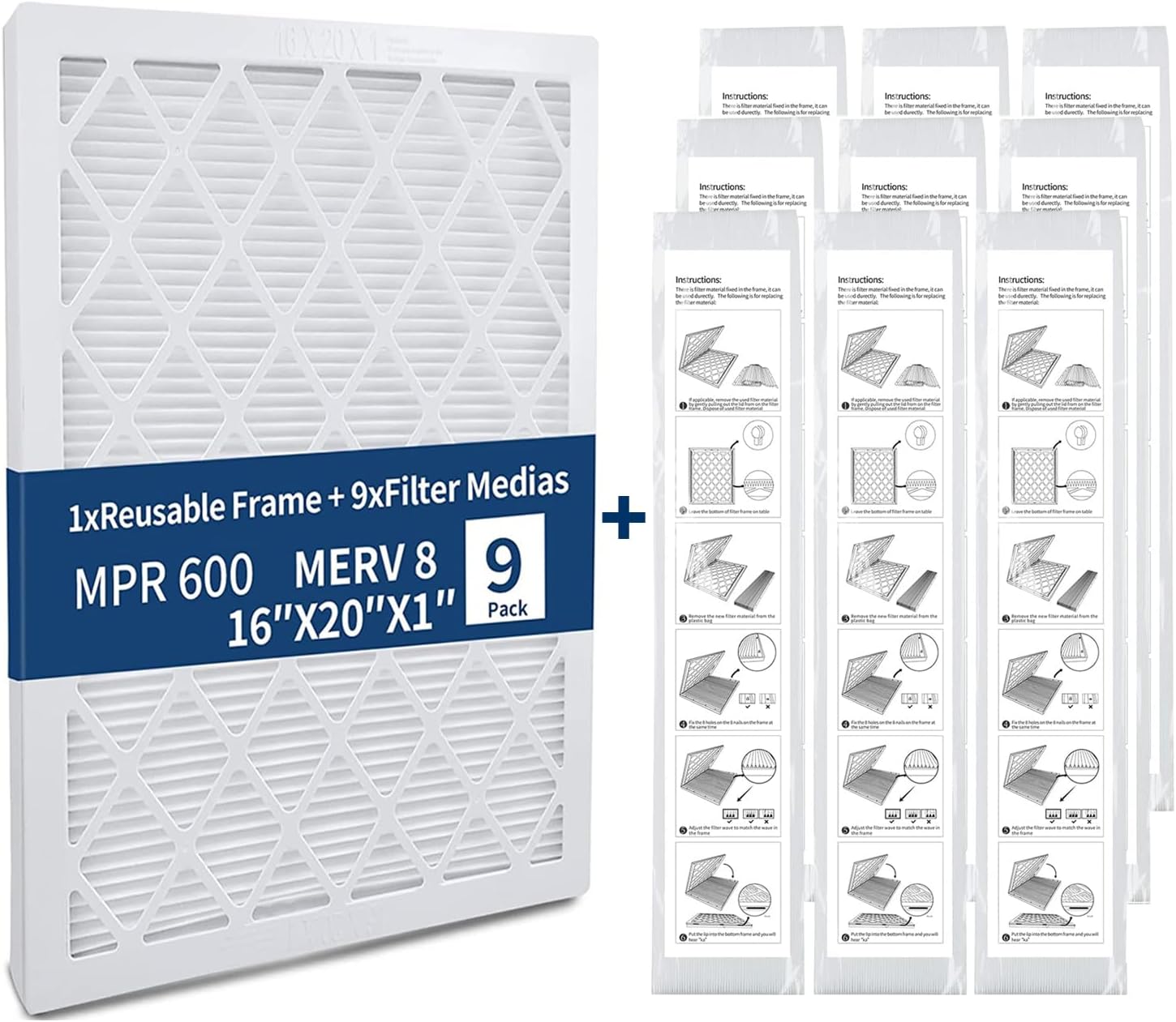 9Pack MERV 8 Pleated AC Furnace Medias + 1 Reusable Air Filter Frame