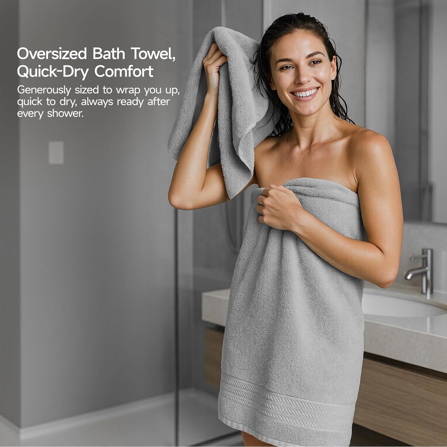 REDKISS 8 Piece Grey Towels Set - 100% Cotton Towels Set with 2 Large Bath Towels, 2 Hand, 4 Washcloths, 600 GSM Highly Absorbent Bath Towel Sets, Gray Quick Dry Shower Towel for Family Gym - Image 6