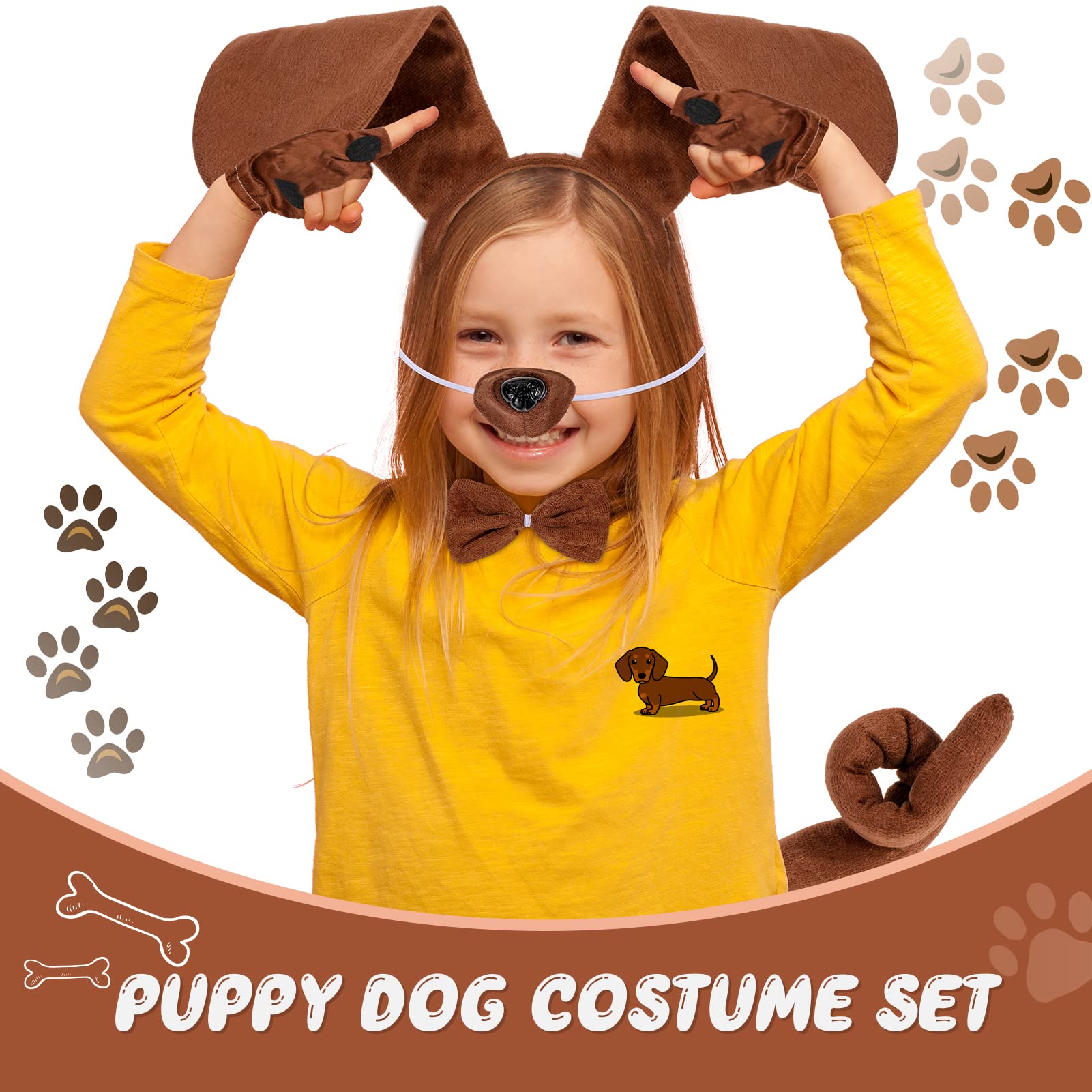 Hifot 6 Pieces Puppy Dog Costume Set,Animal Costume for Kids Tutu Skirt Dog Ears Headband Bow Tie Tail Fake Nose Puppy Paw Gloves Dog Fancy Dress Halloween Cosplay Party - Image 2