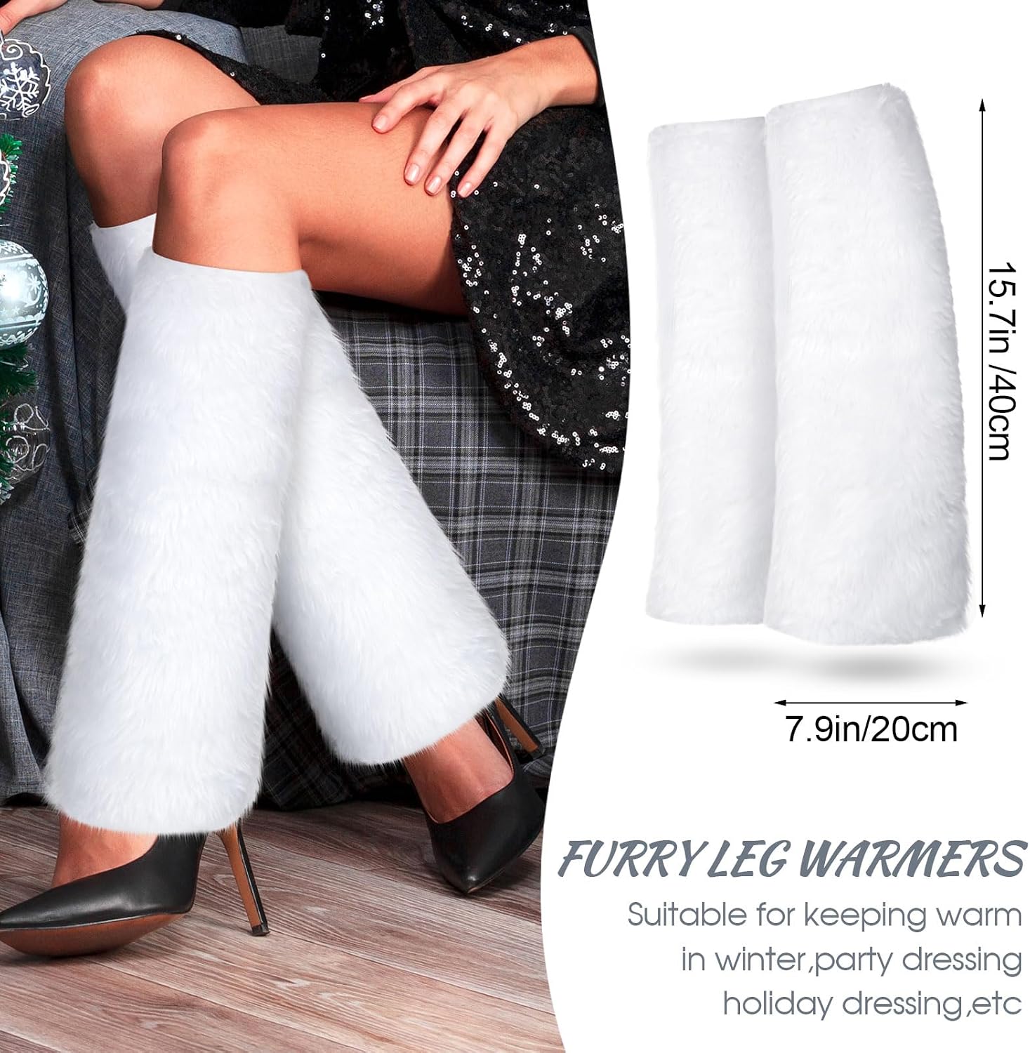 Cozypower 3 Pieces White Fur Leg Warmers Set Faux Fur Hat Wrist Cuffs Winter Furry Hat Boot Cuffs Fuzzy Hand Cuff for Women
