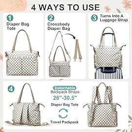 MOMINSIDE Checkered Diaper Bag Backpack Diaper Bag Tote with 14 Pockets, Plaid Tote Bag 4 in 1 Leather Checkered Bag for Boys Girls, Changing Pad, 4 Large Insulated Pockets(beige&honey)