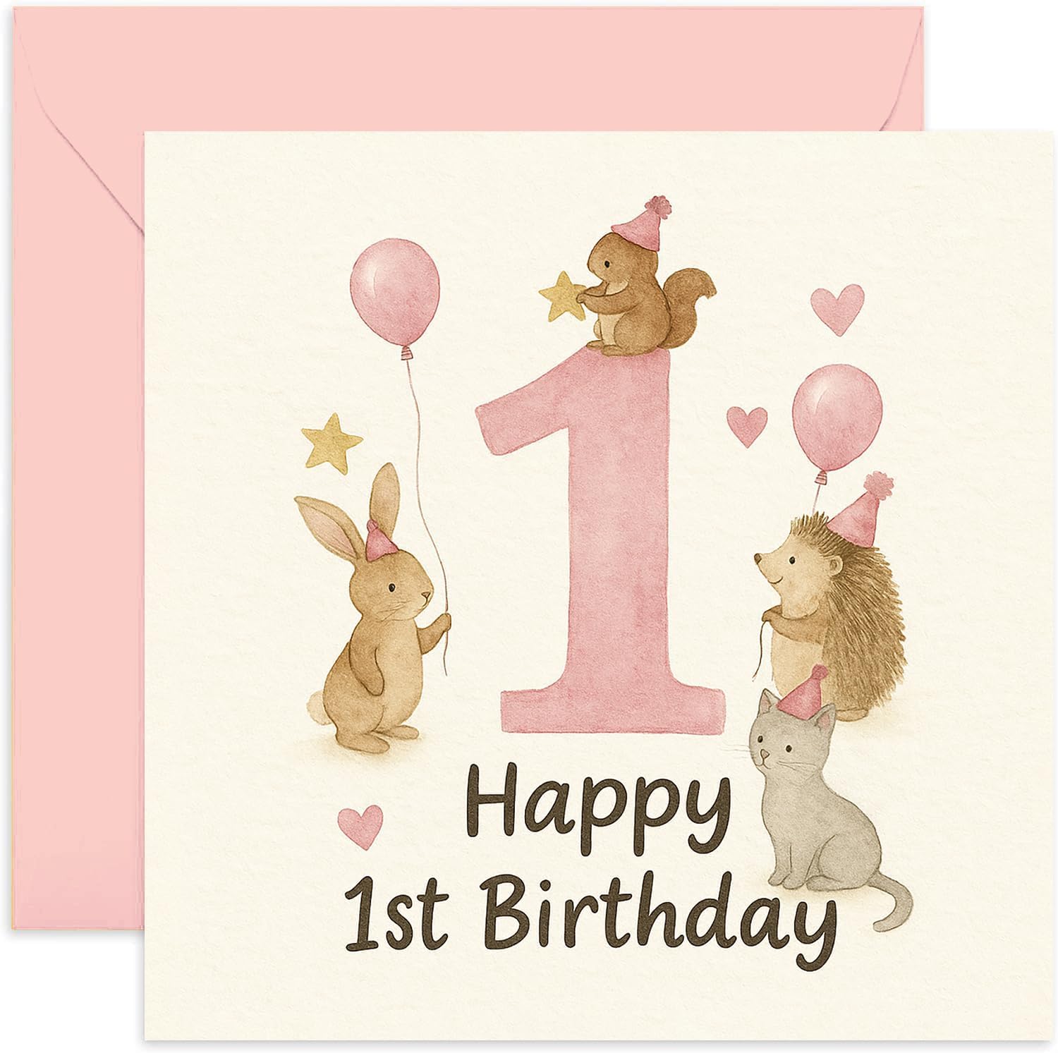 Premium 1st Birthday Cards For Girls - Happy First Birthday For Her Card - Pink Animals & Balloon Design - Niece Goddaughter Granddaughter Daughter - Greetings Card For 1 Year Old - Blank Inside